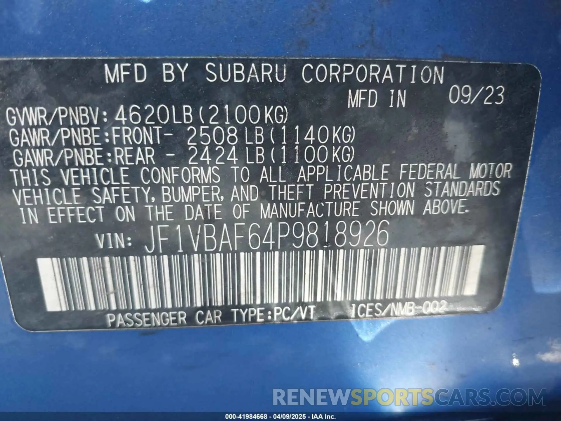 9 Фотография поврежденного автомобиля JF1VBAF64P9818926 SUBARU WRX 2023