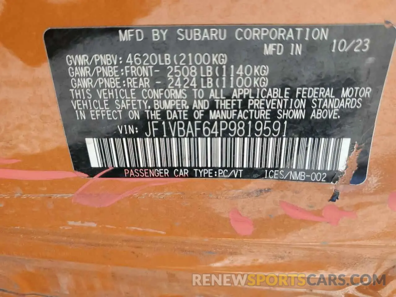 14 Фотография поврежденного автомобиля JF1VBAF64P9819591 SUBARU WRX 2023