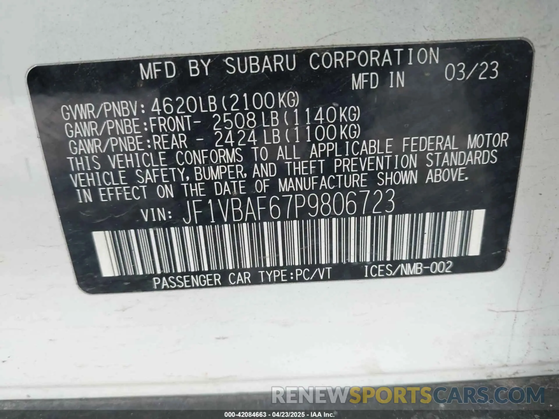 9 Фотография поврежденного автомобиля JF1VBAF67P9806723 SUBARU WRX 2023