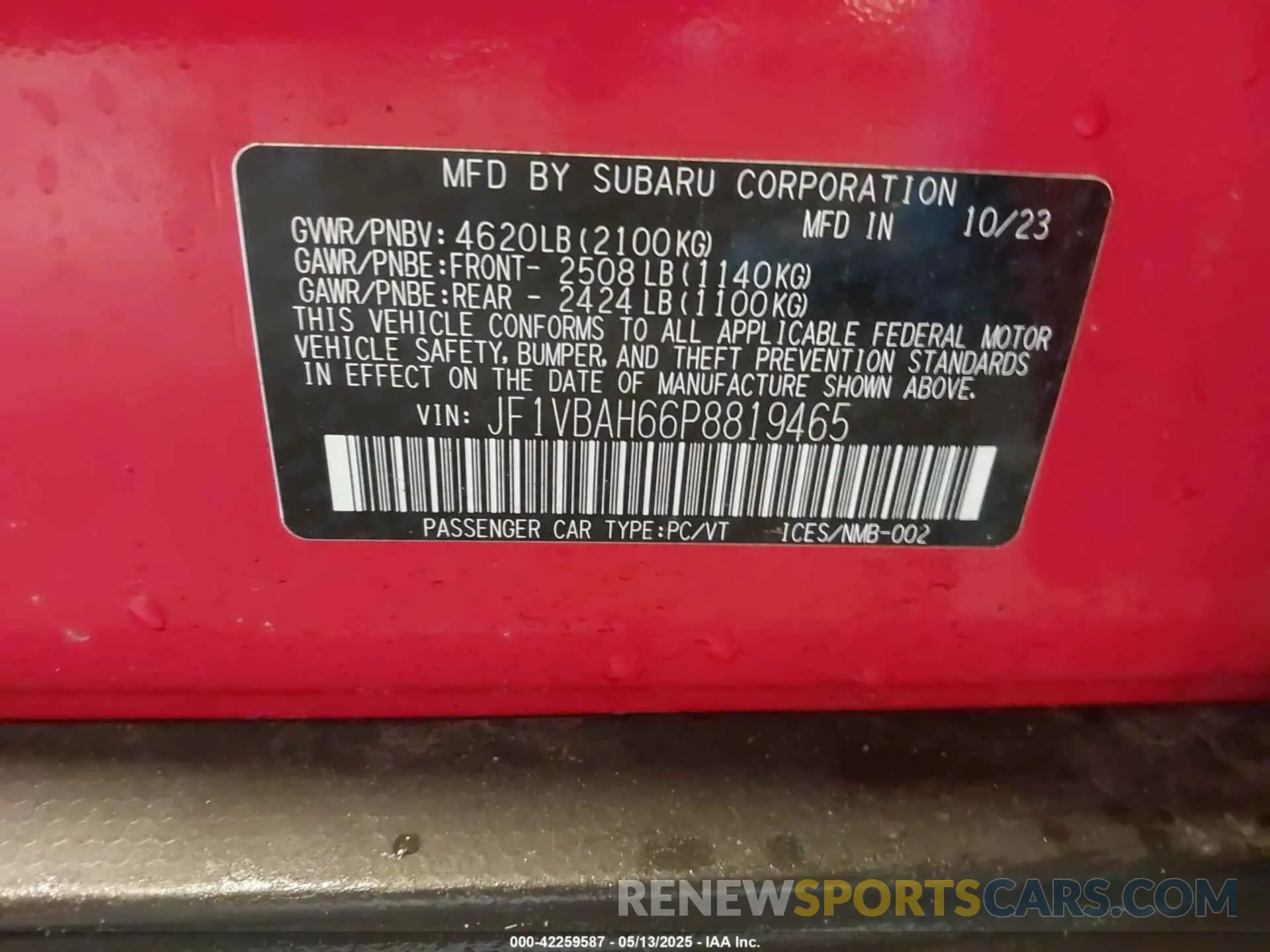 9 Photograph of a damaged car JF1VBAH66P8819465 SUBARU WRX 2023