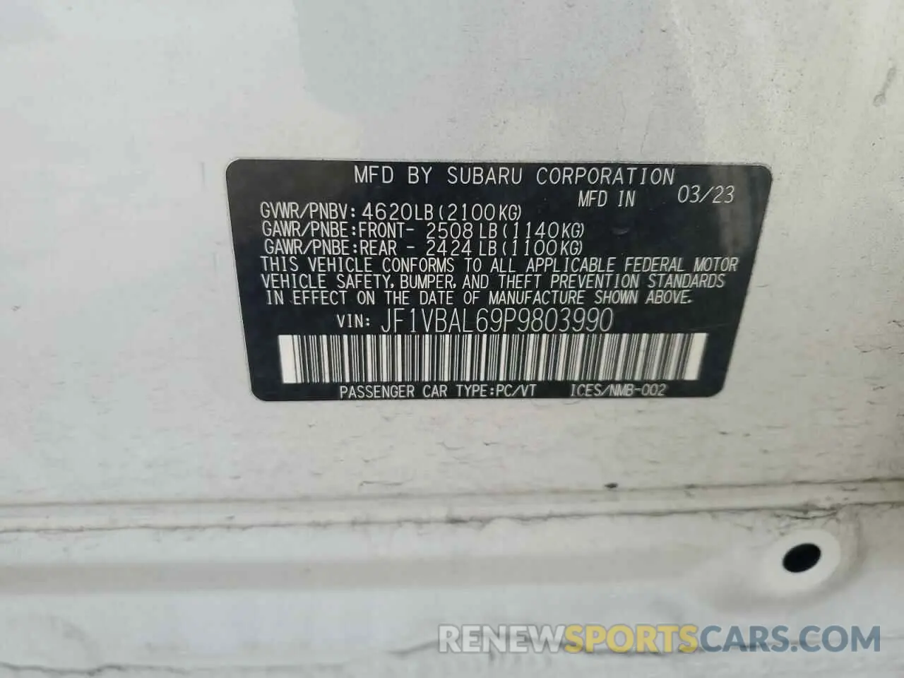 13 Фотография поврежденного автомобиля JF1VBAL69P9803990 SUBARU WRX 2023