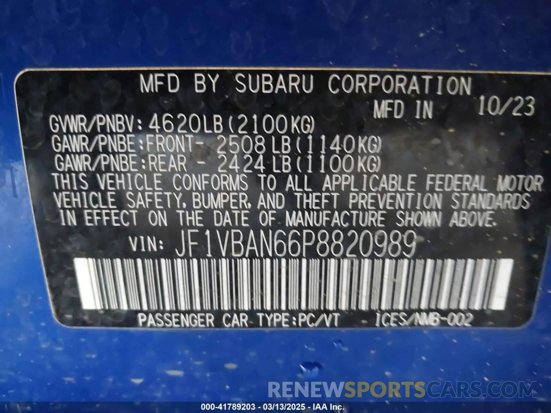9 Фотография поврежденного автомобиля JF1VBAN66P8820989 SUBARU WRX 2023