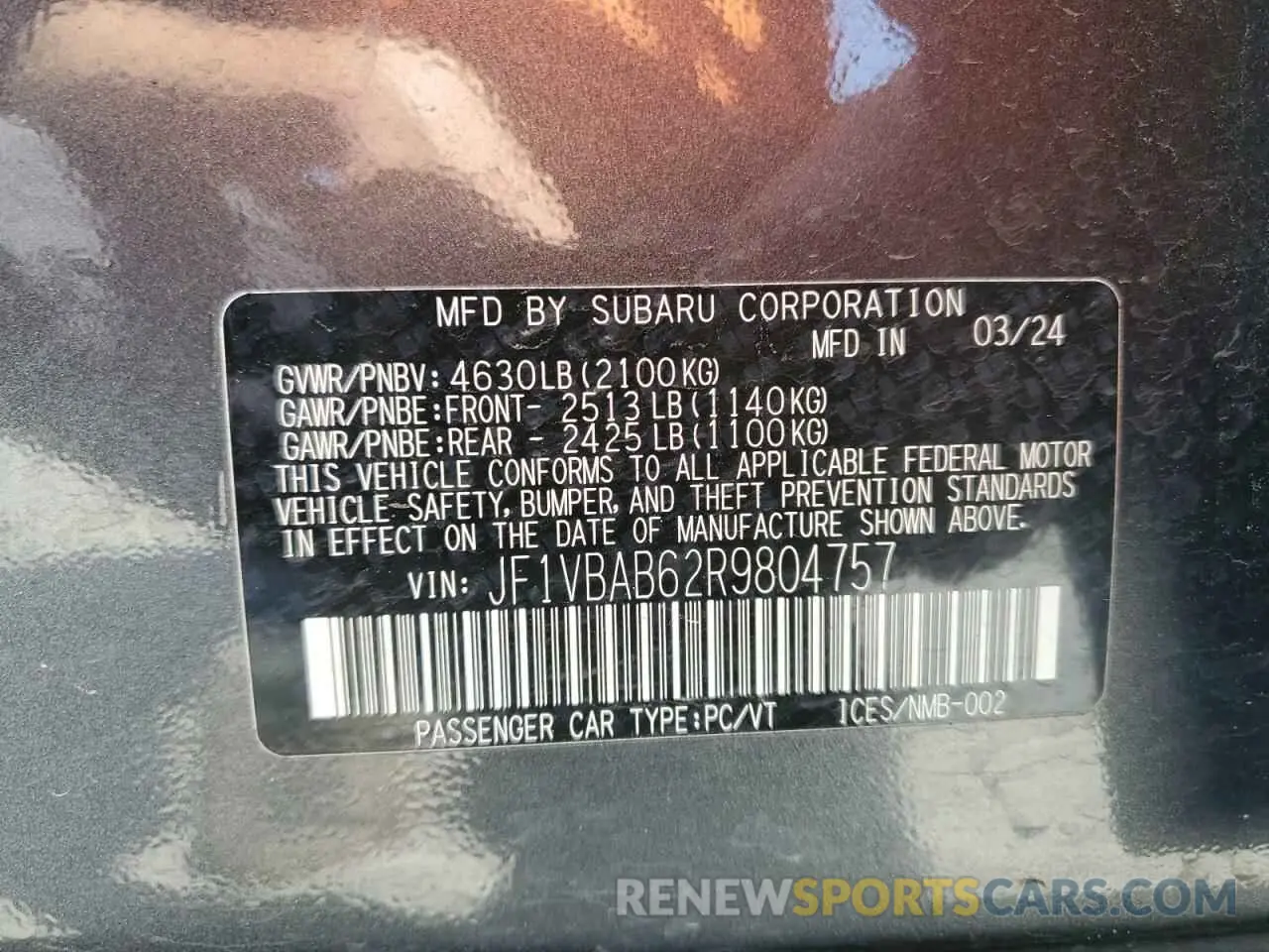 12 Фотография поврежденного автомобиля JF1VBAB62R9804757 SUBARU WRX 2024