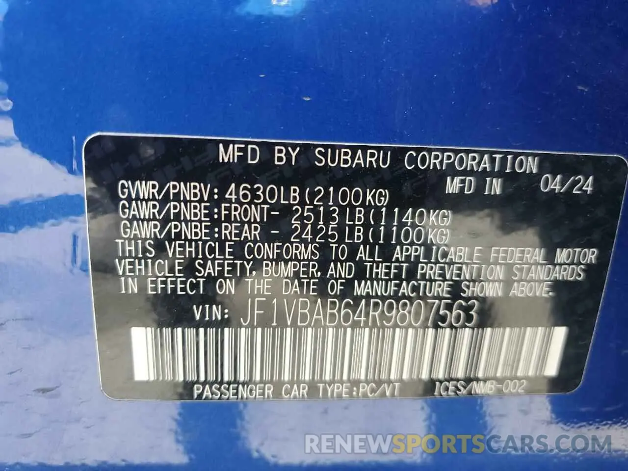 13 Photograph of a damaged car JF1VBAB64R9807563 SUBARU WRX 2024