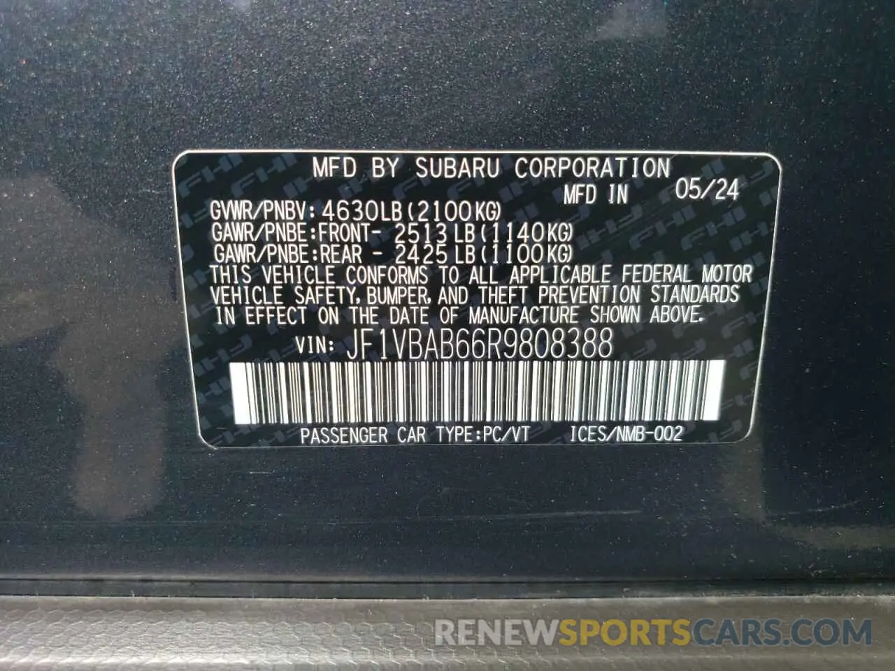 12 Фотография поврежденного автомобиля JF1VBAB66R9808388 SUBARU WRX 2024