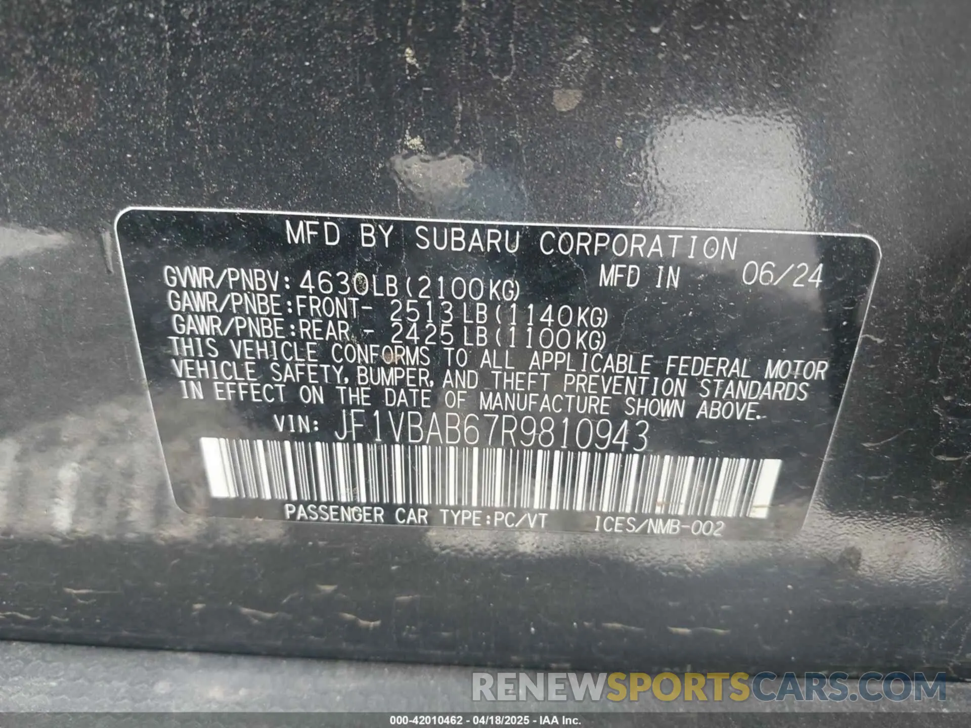 9 Photograph of a damaged car JF1VBAB67R9810943 SUBARU WRX 2024