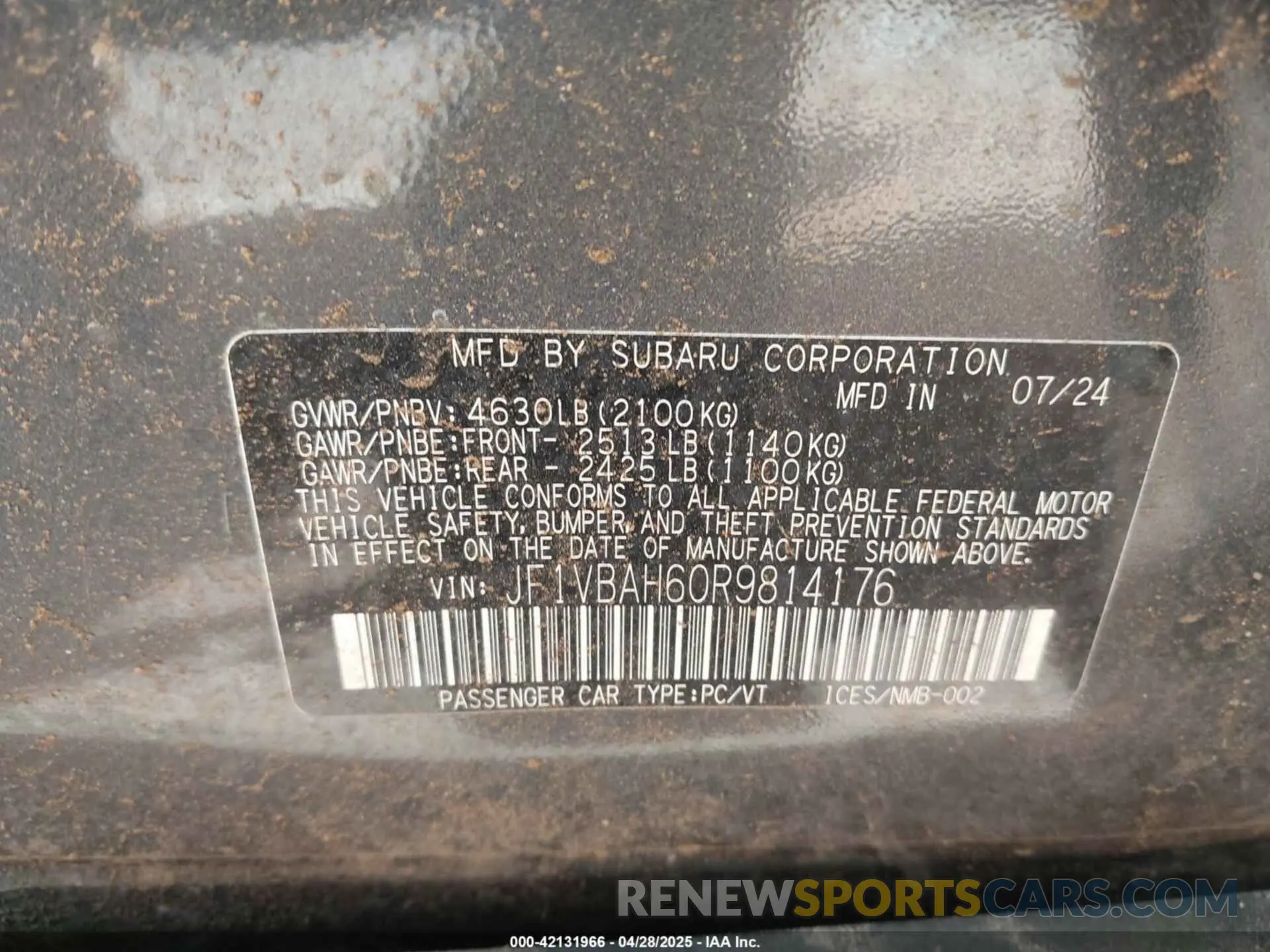 9 Фотография поврежденного автомобиля JF1VBAH60R9814176 SUBARU WRX 2024