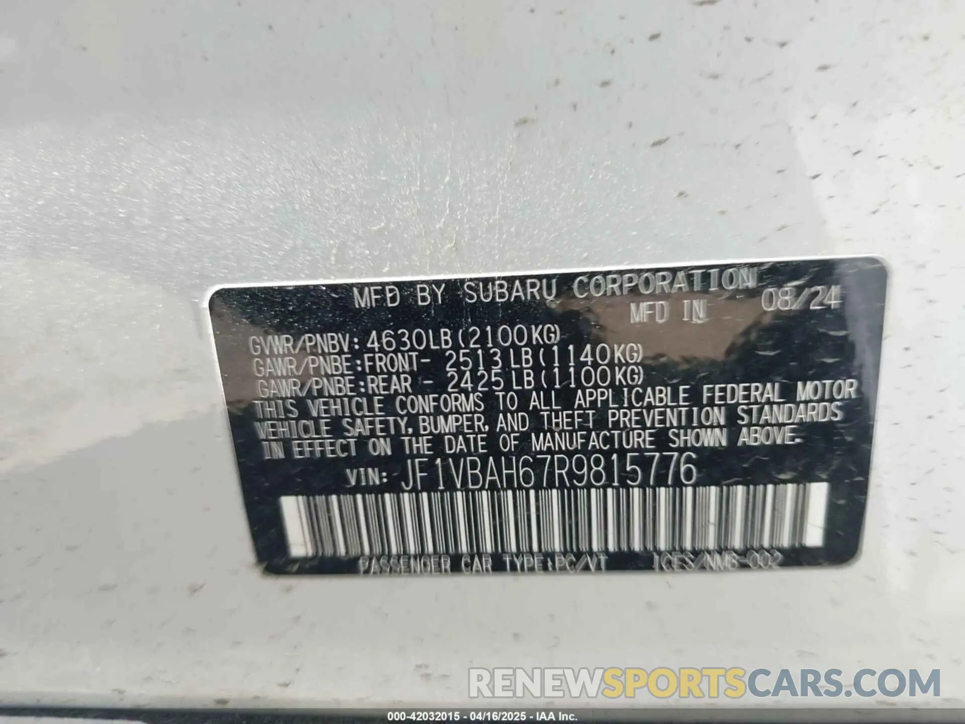 9 Фотография поврежденного автомобиля JF1VBAH67R9815776 SUBARU WRX 2024