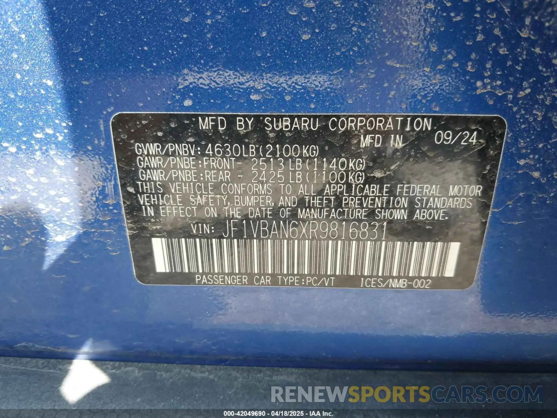 9 Фотография поврежденного автомобиля JF1VBAN6XR9816831 SUBARU WRX 2024