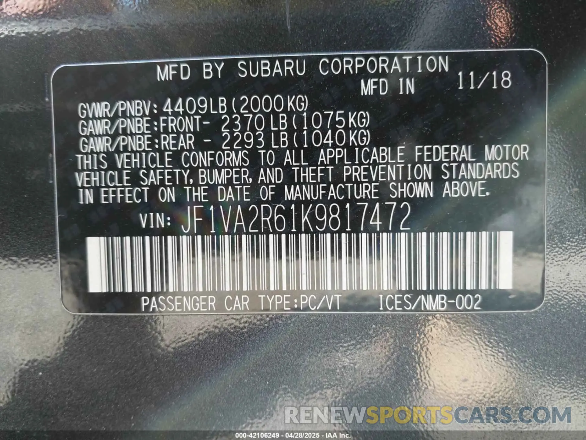 9 Photograph of a damaged car JF1VA2R61K9817472 SUBARU WRX STI 2019