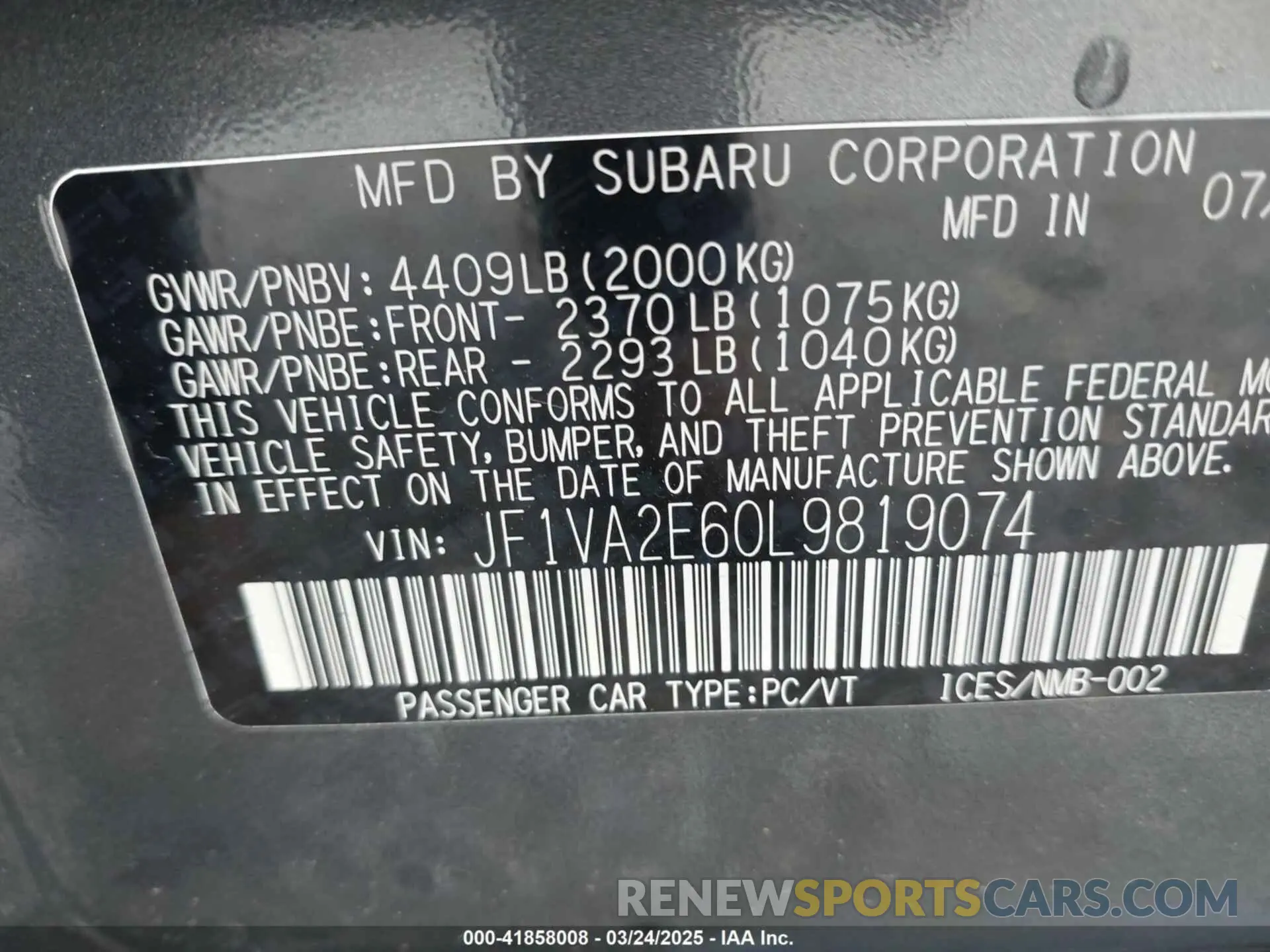 9 Фотография поврежденного автомобиля JF1VA2E60L9819074 SUBARU WRX STI 2020