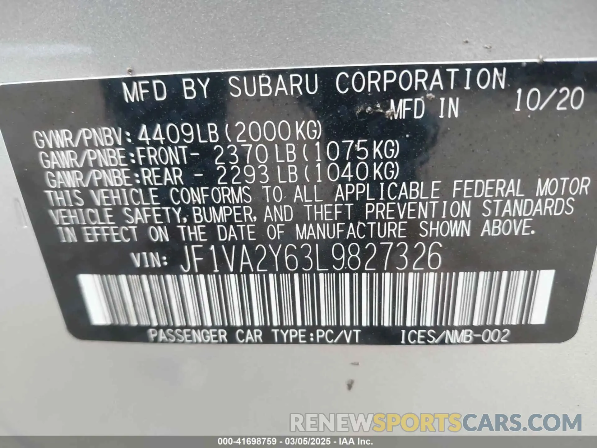9 Photograph of a damaged car JF1VA2Y63L9827326 SUBARU WRX STI 2020