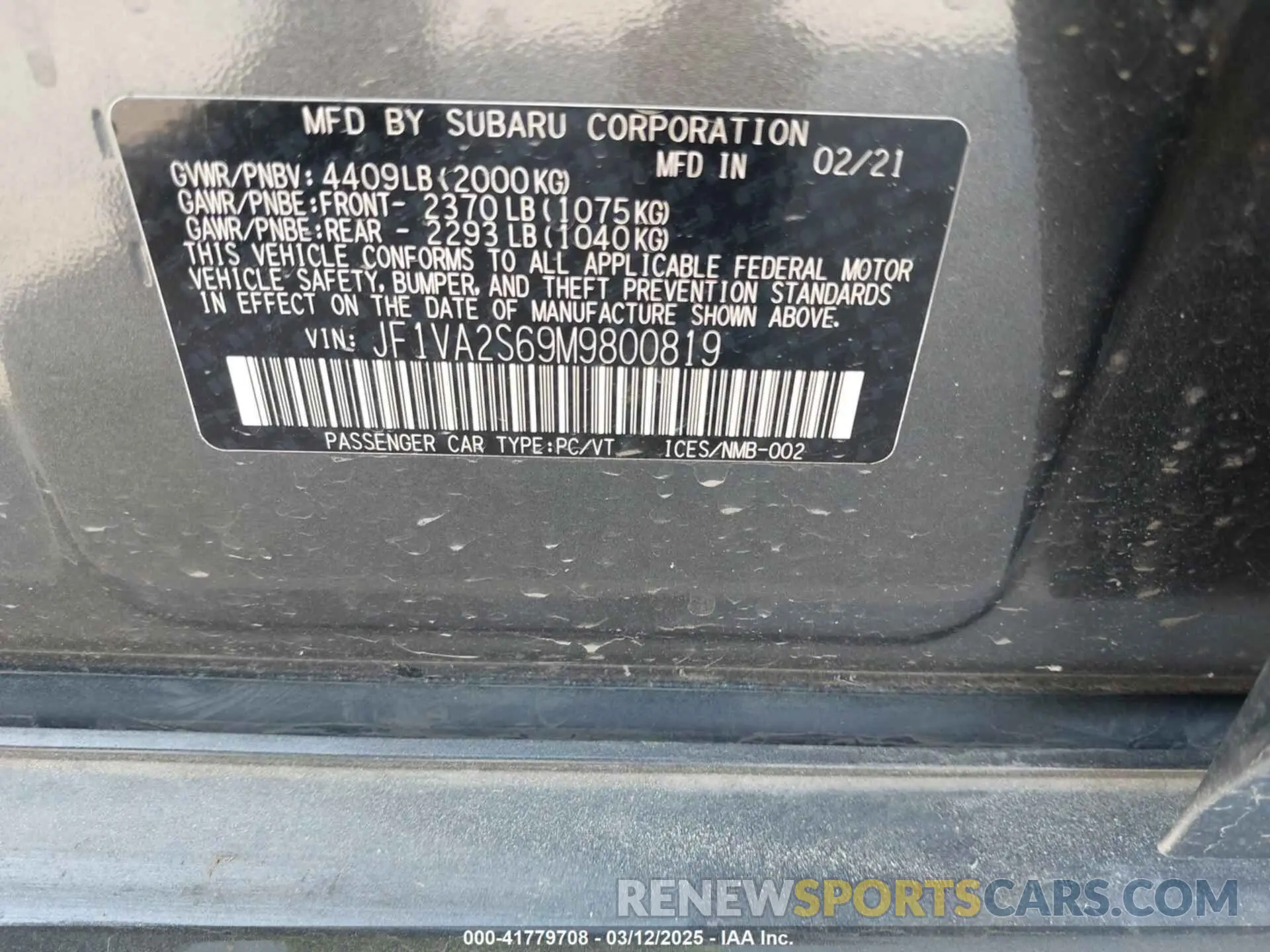 9 Photograph of a damaged car JF1VA2S69M9800819 SUBARU WRX STI 2021
