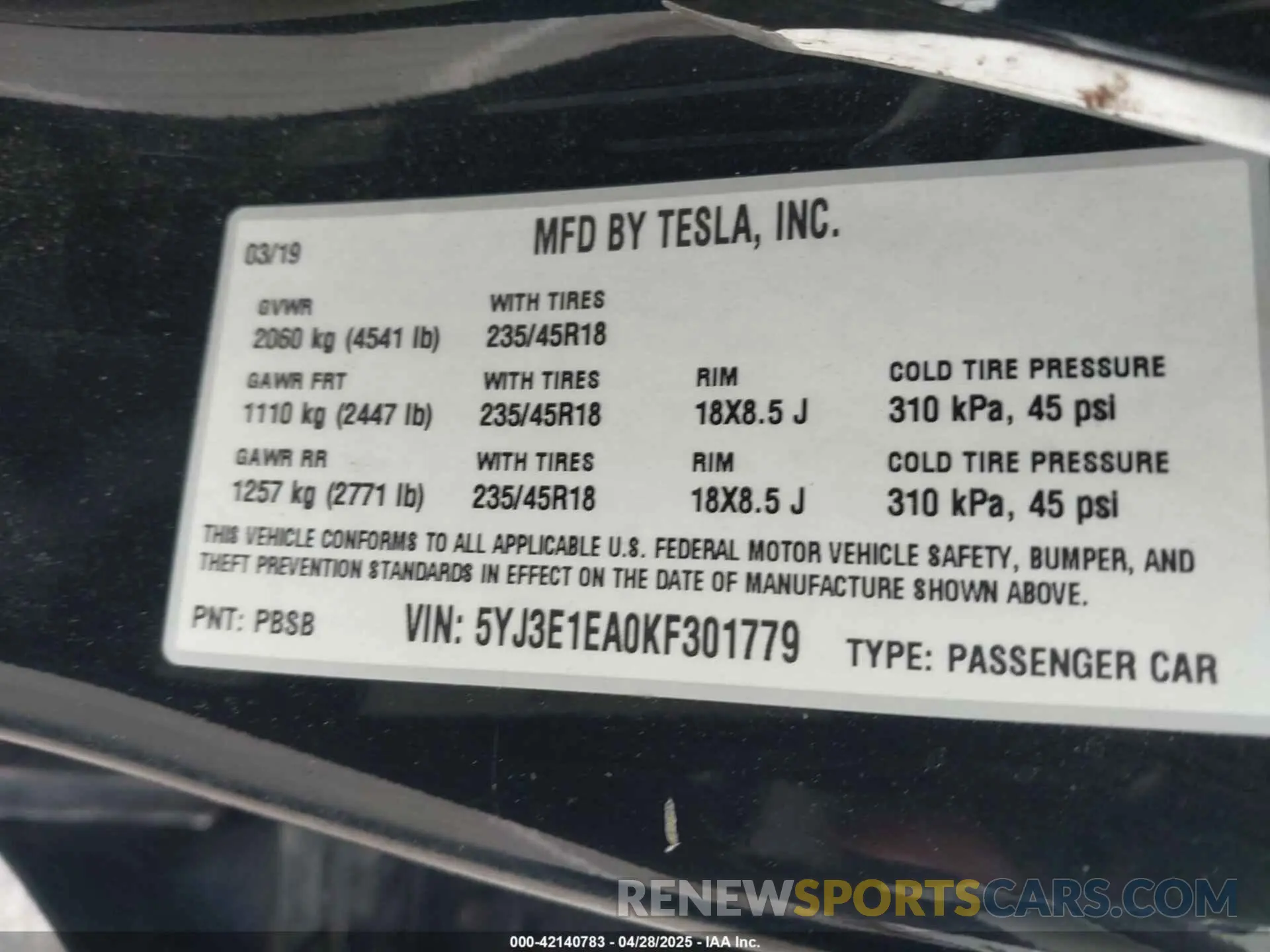 9 Photograph of a damaged car 5YJ3E1EA0KF301779 TESLA MODEL 3 2019