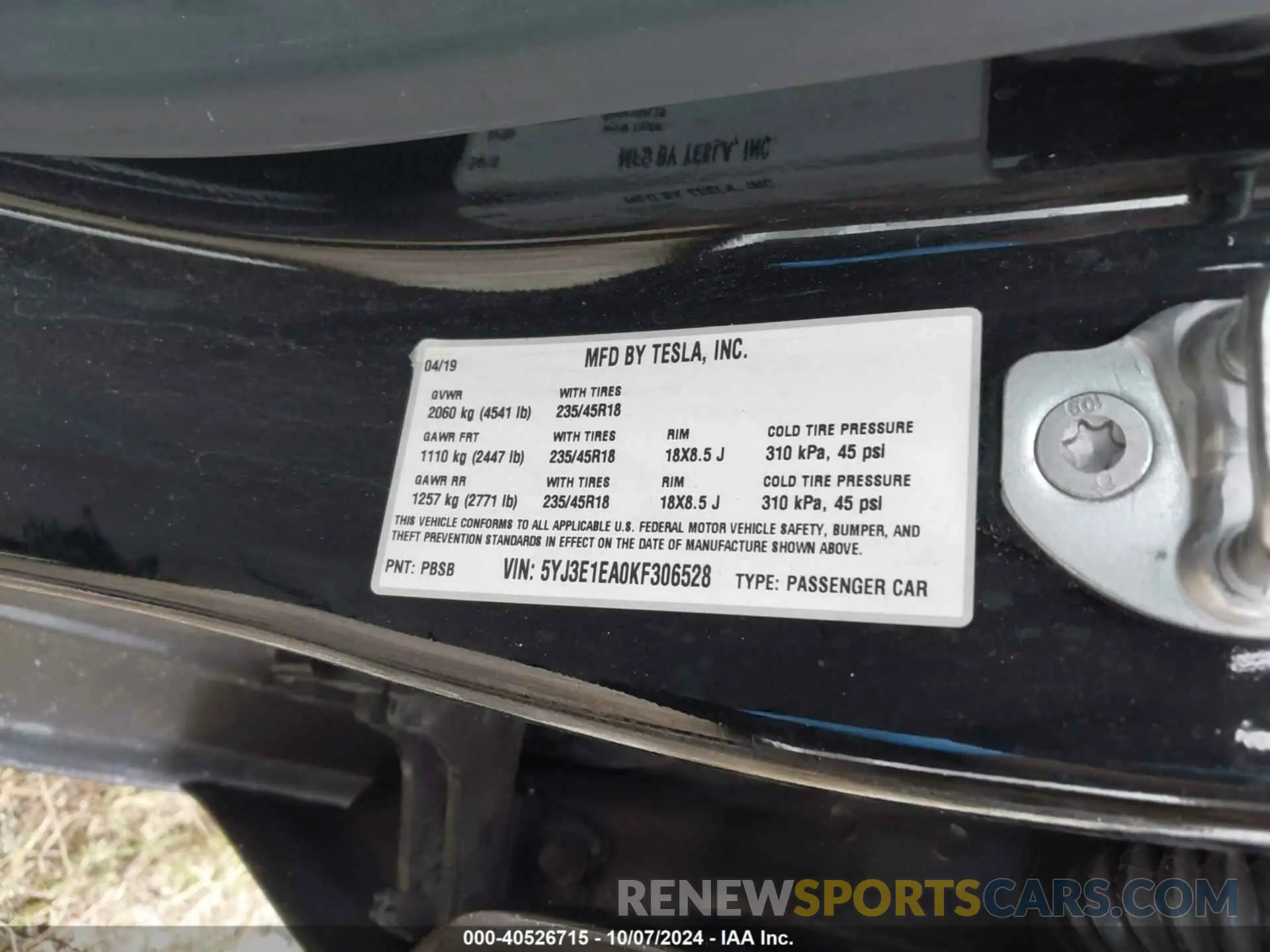 9 Фотография поврежденного автомобиля 5YJ3E1EA0KF306528 TESLA MODEL 3 2019