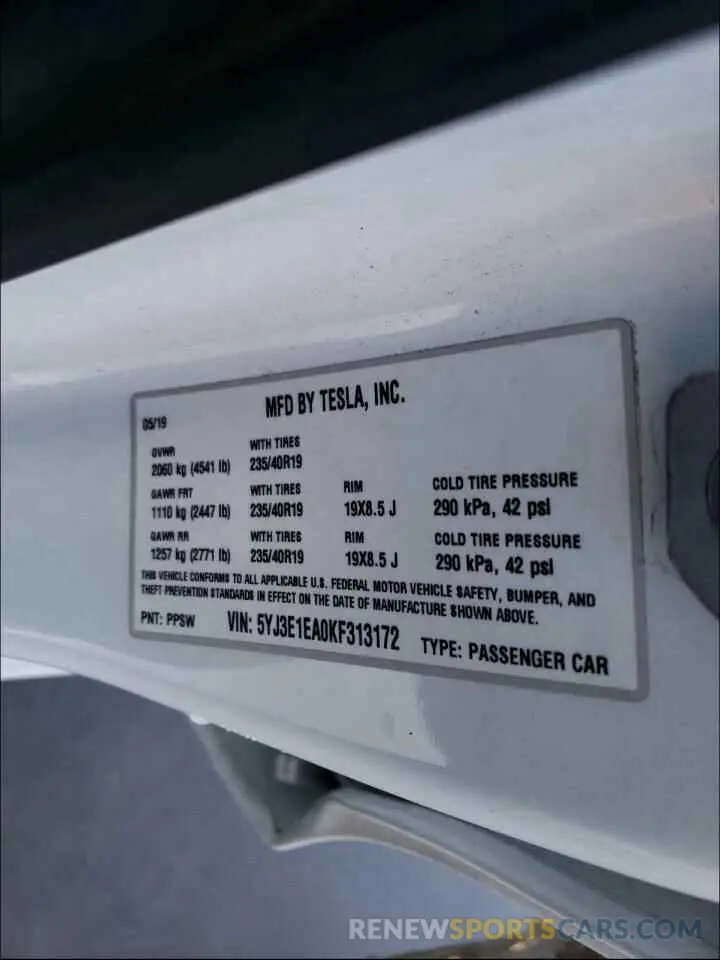 10 Photograph of a damaged car 5YJ3E1EA0KF313172 TESLA MODEL 3 2019