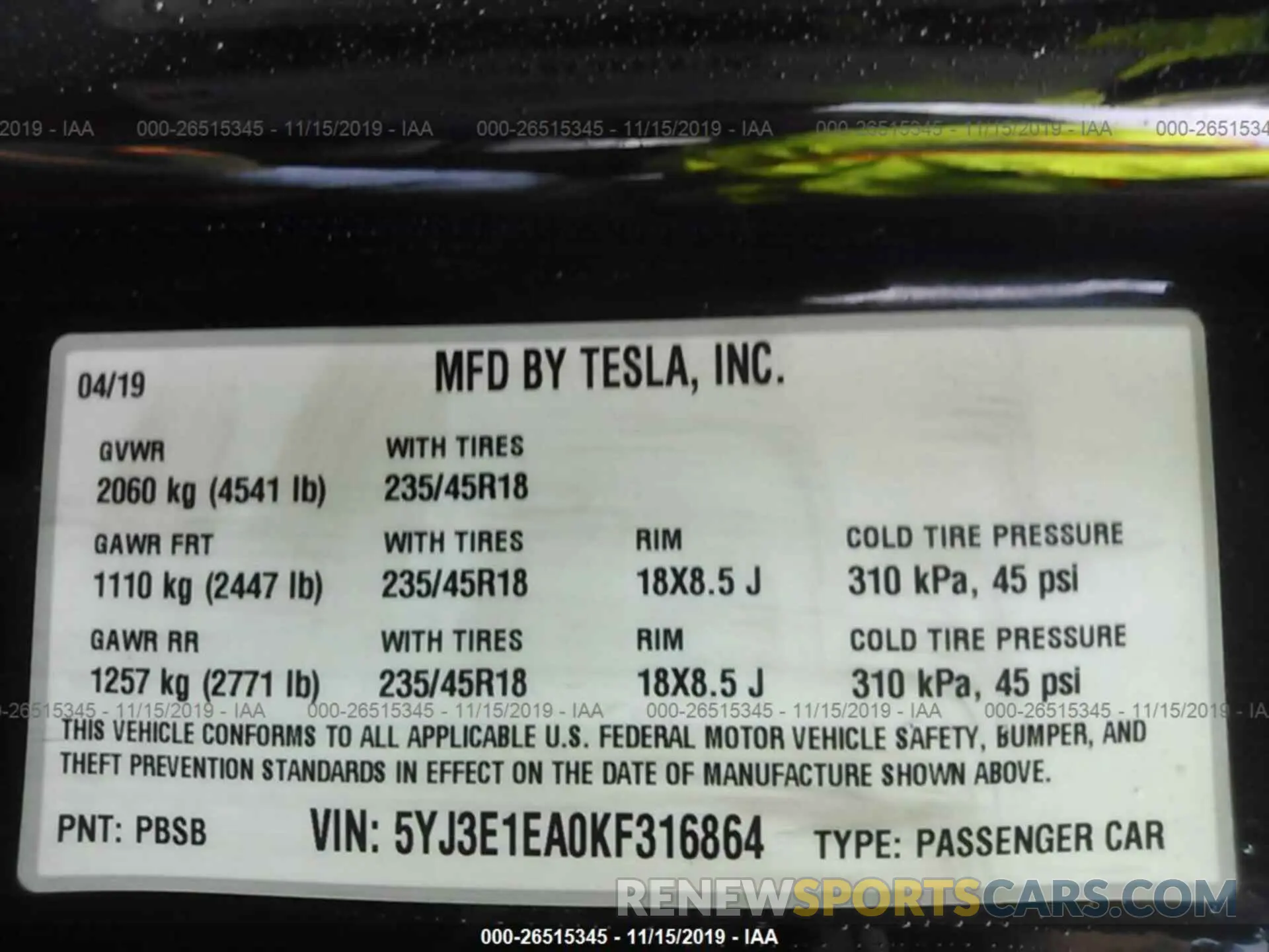 9 Photograph of a damaged car 5YJ3E1EA0KF316864 TESLA MODEL 3 2019
