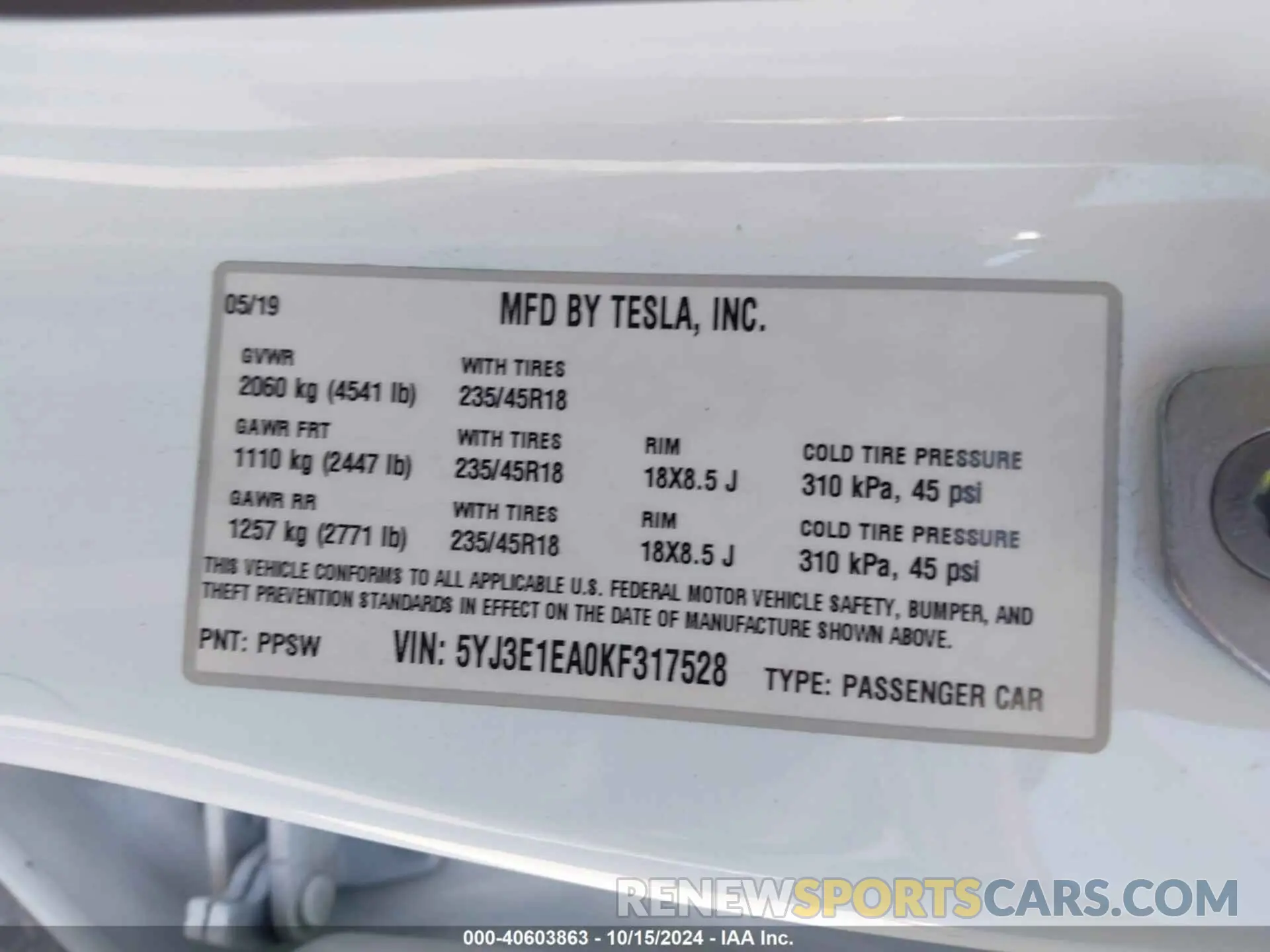 9 Photograph of a damaged car 5YJ3E1EA0KF317528 TESLA MODEL 3 2019