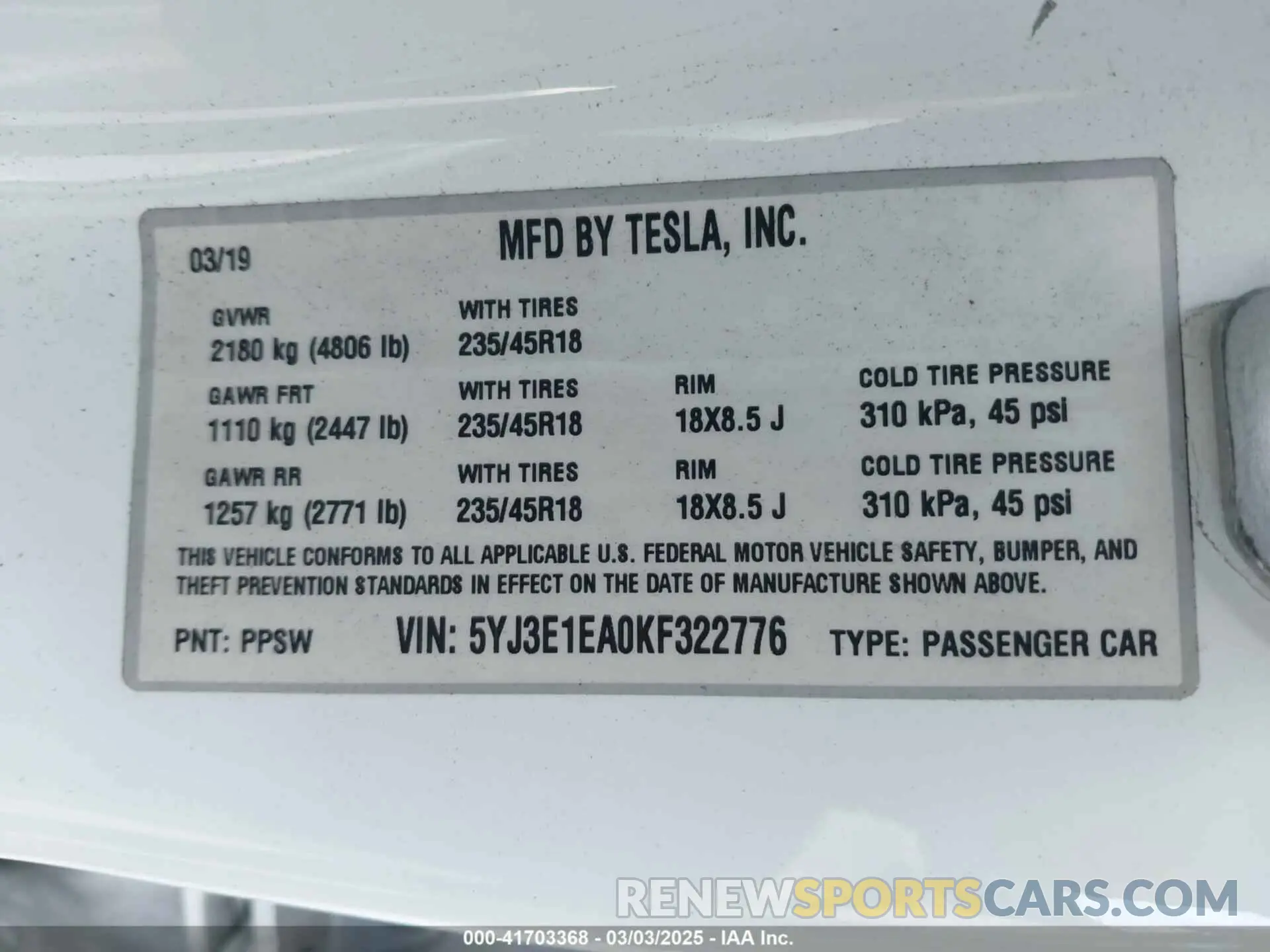 9 Photograph of a damaged car 5YJ3E1EA0KF322776 TESLA MODEL 3 2019