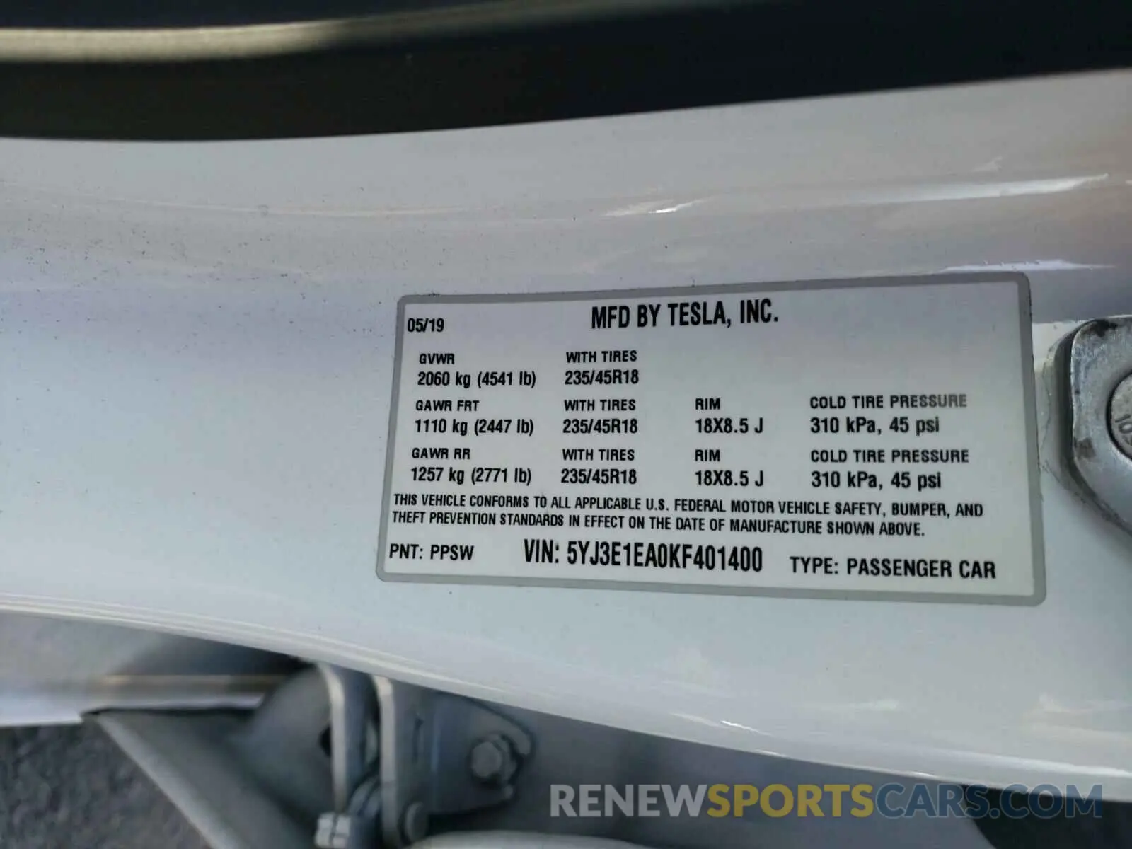 10 Photograph of a damaged car 5YJ3E1EA0KF401400 TESLA MODEL 3 2019
