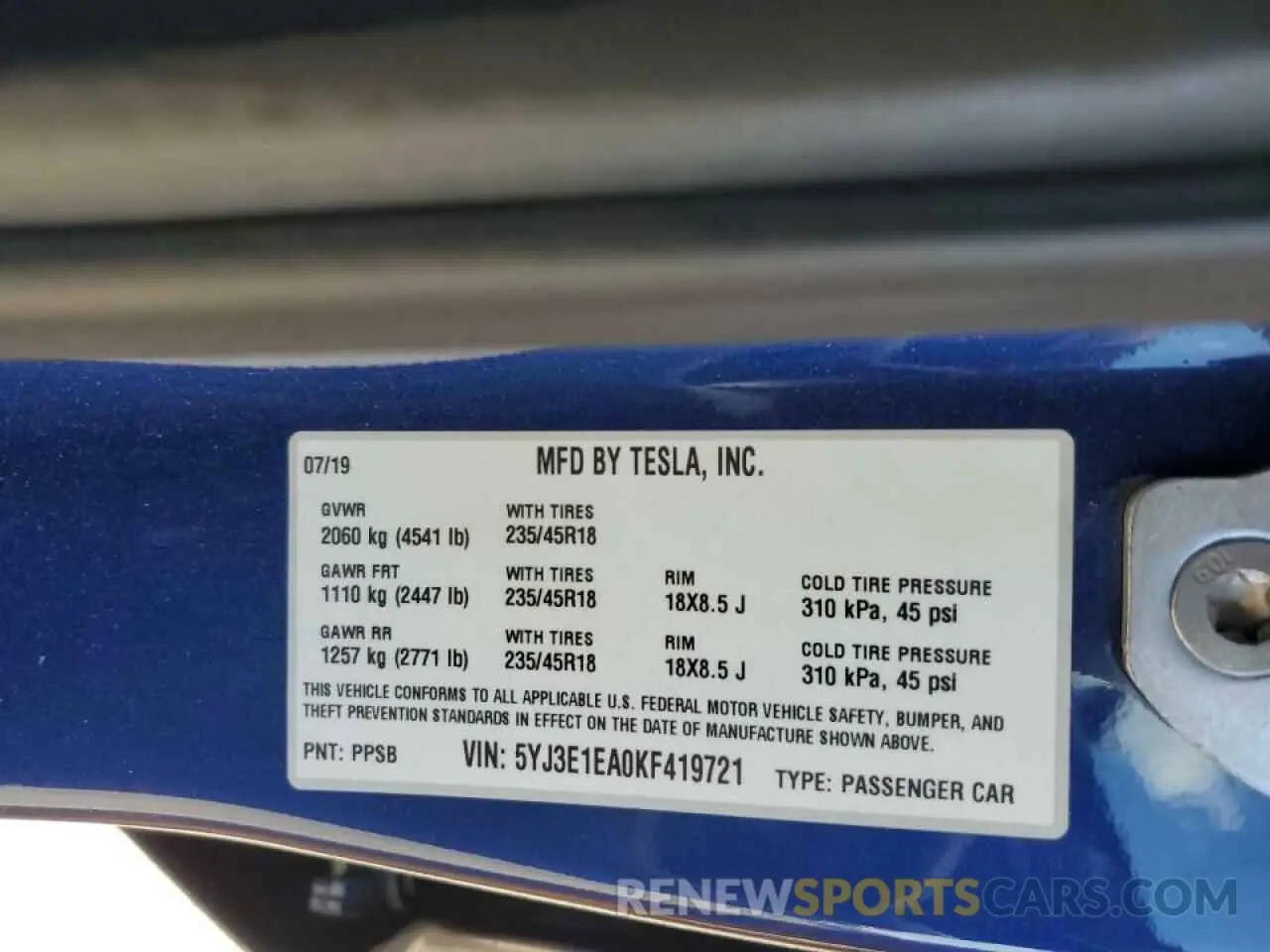14 Фотография поврежденного автомобиля 5YJ3E1EA0KF419721 TESLA MODEL 3 2019
