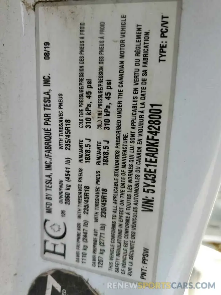 12 Photograph of a damaged car 5YJ3E1EA0KF428001 TESLA MODEL 3 2019