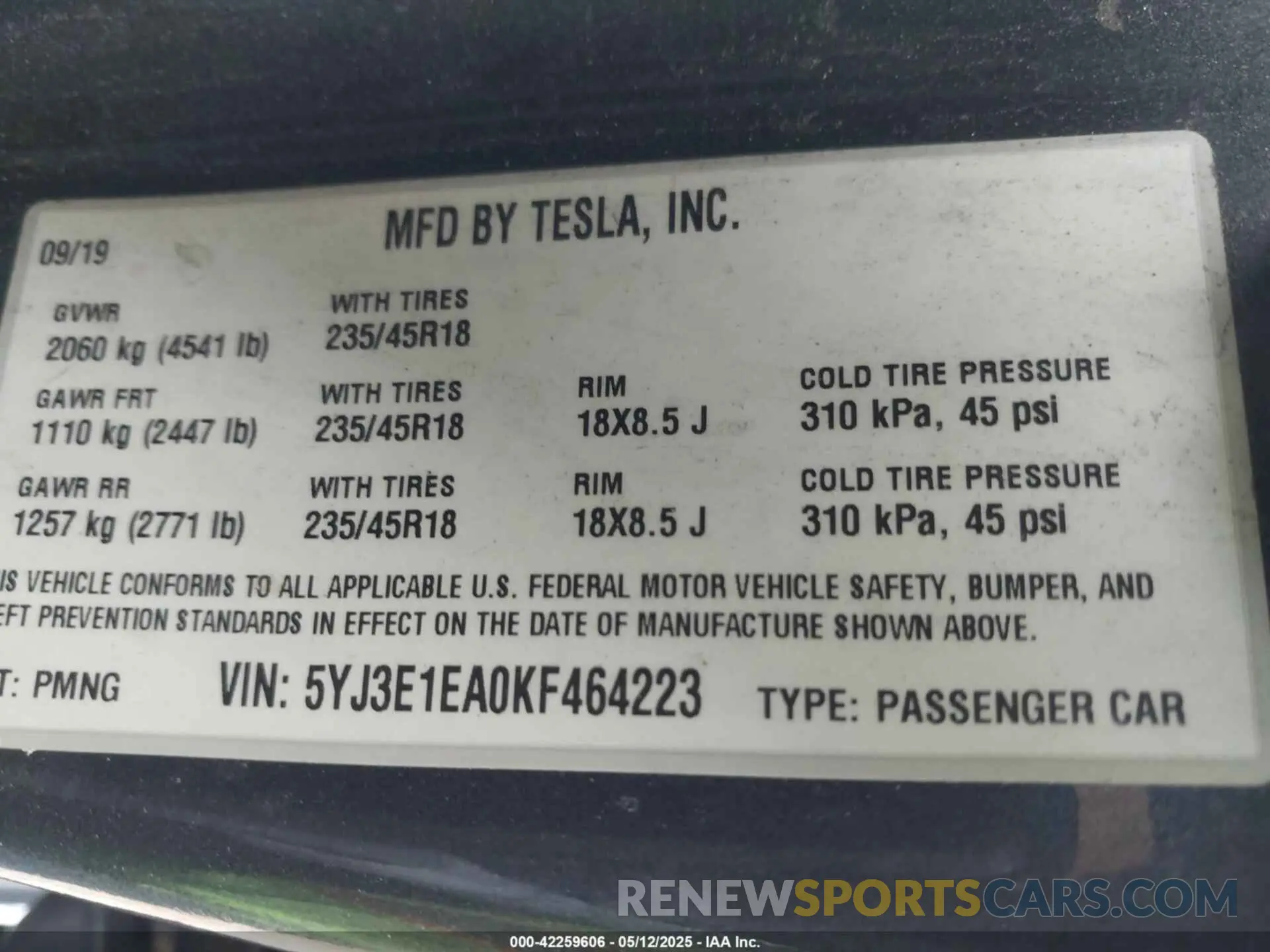 9 Фотография поврежденного автомобиля 5YJ3E1EA0KF464223 TESLA MODEL 3 2019