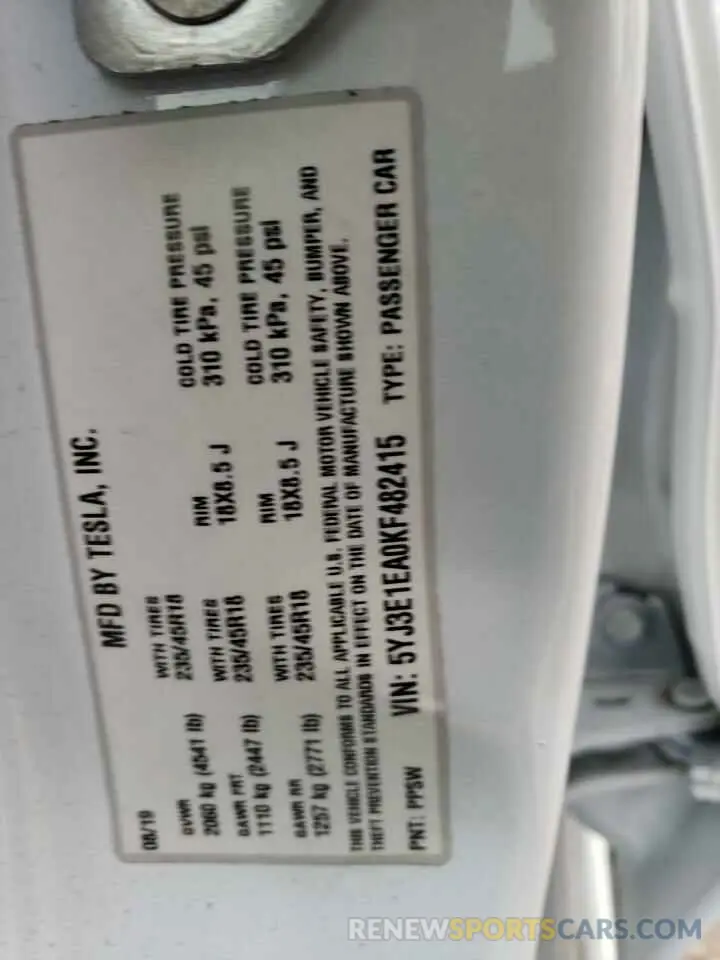 12 Photograph of a damaged car 5YJ3E1EA0KF482415 TESLA MODEL 3 2019