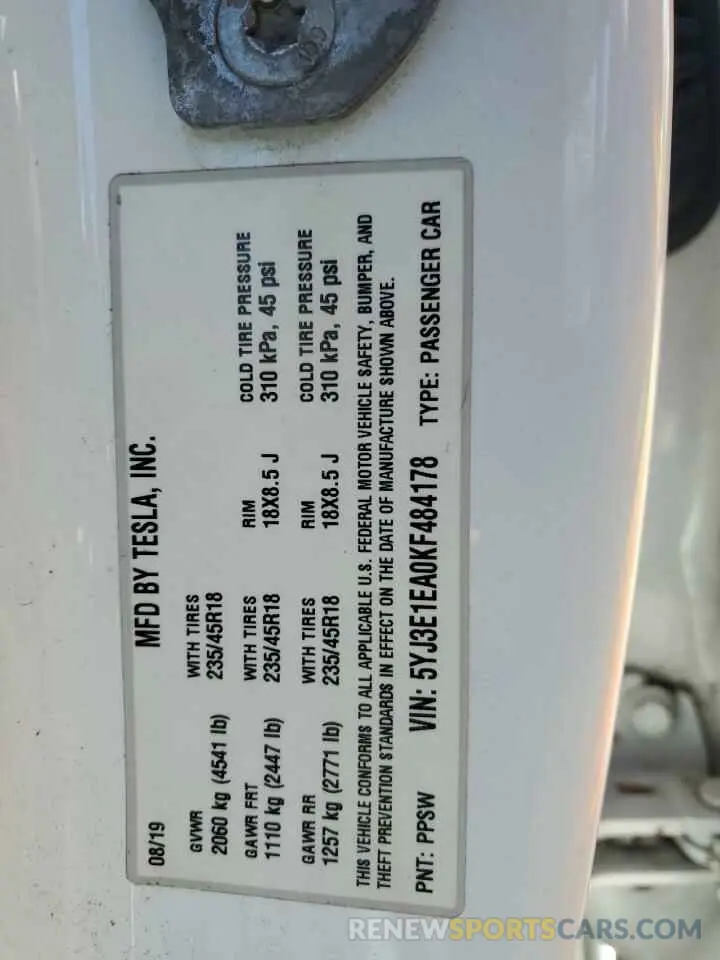 12 Фотография поврежденного автомобиля 5YJ3E1EA0KF484178 TESLA MODEL 3 2019
