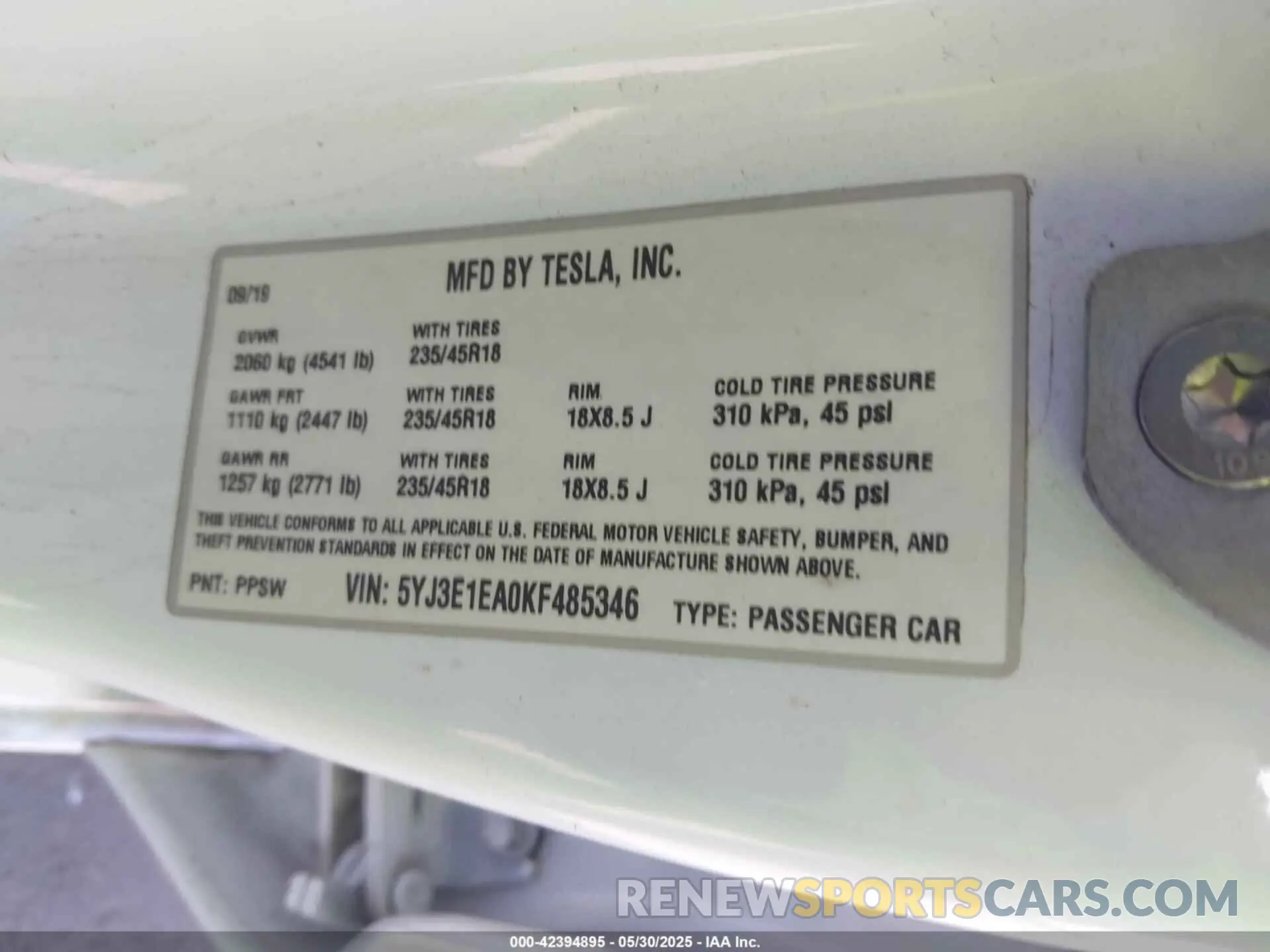 9 Photograph of a damaged car 5YJ3E1EA0KF485346 TESLA MODEL 3 2019