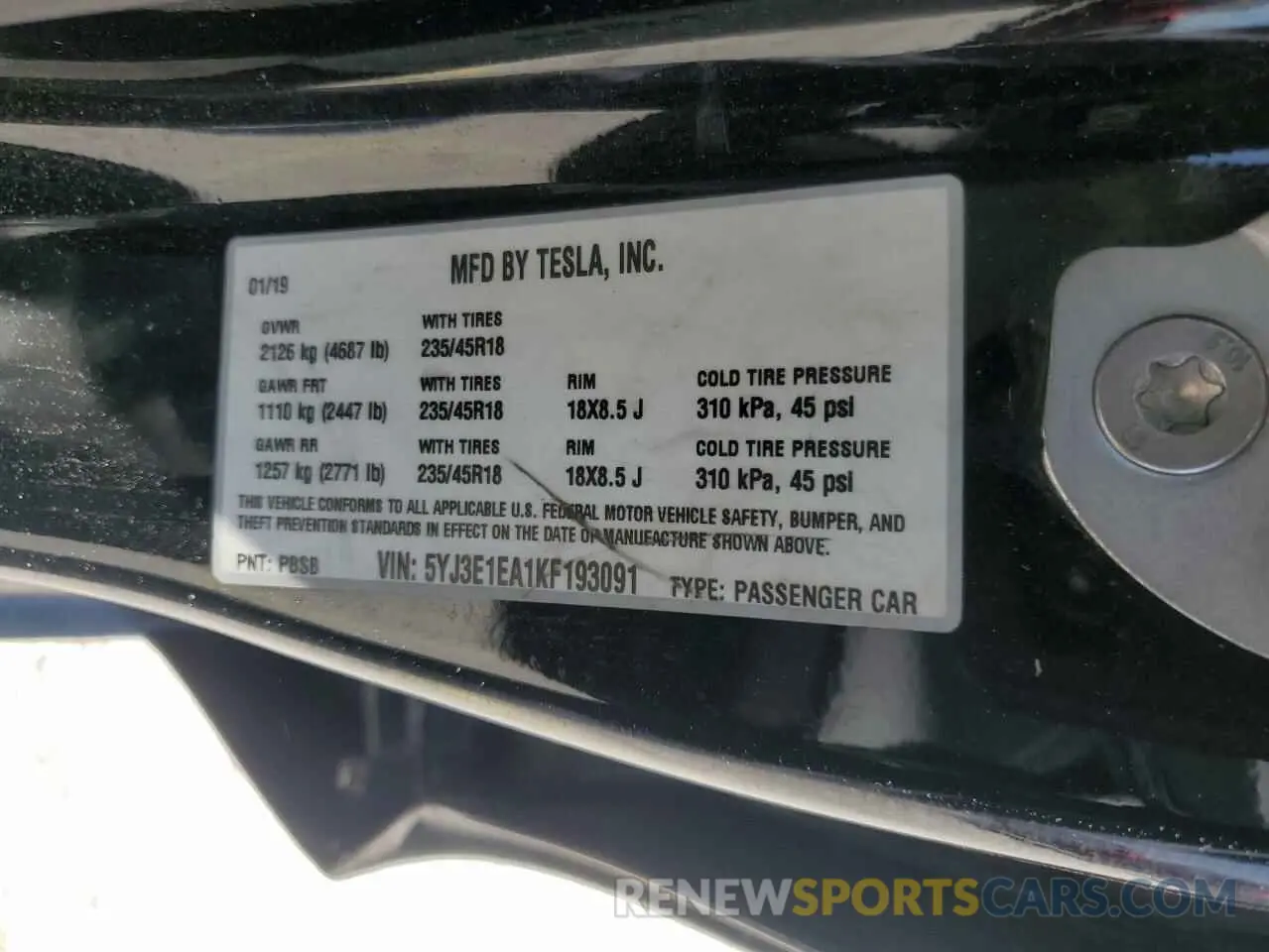 13 Фотография поврежденного автомобиля 5YJ3E1EA1KF193091 TESLA MODEL 3 2019