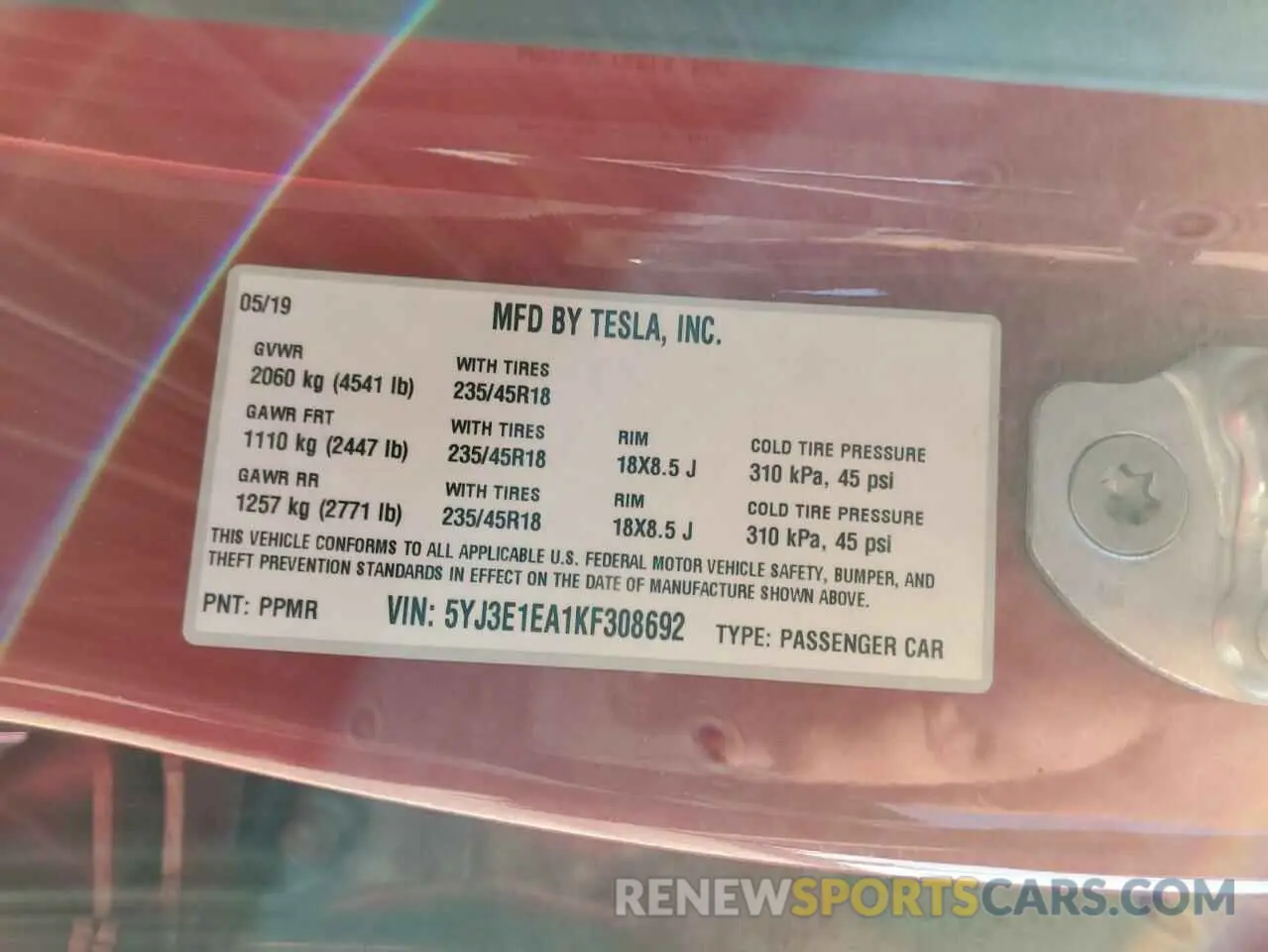 12 Photograph of a damaged car 5YJ3E1EA1KF308692 TESLA MODEL 3 2019