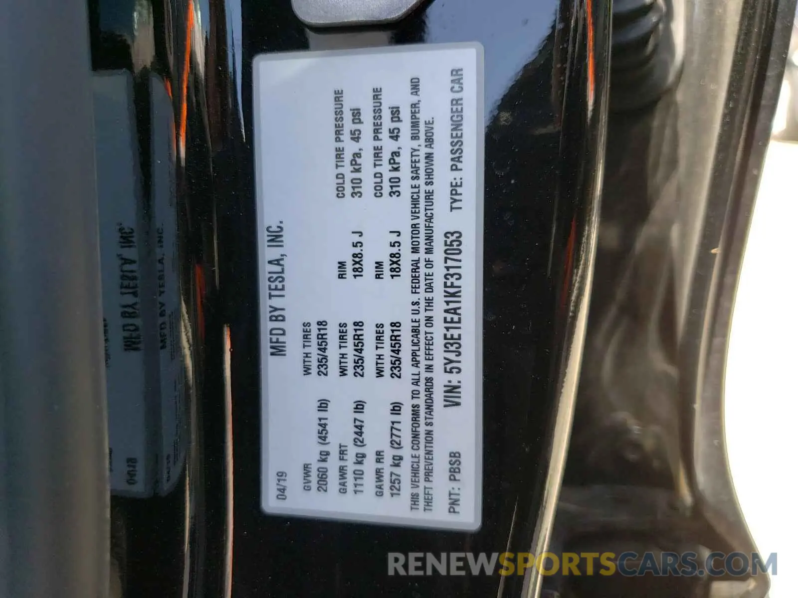 10 Photograph of a damaged car 5YJ3E1EA1KF317053 TESLA MODEL 3 2019