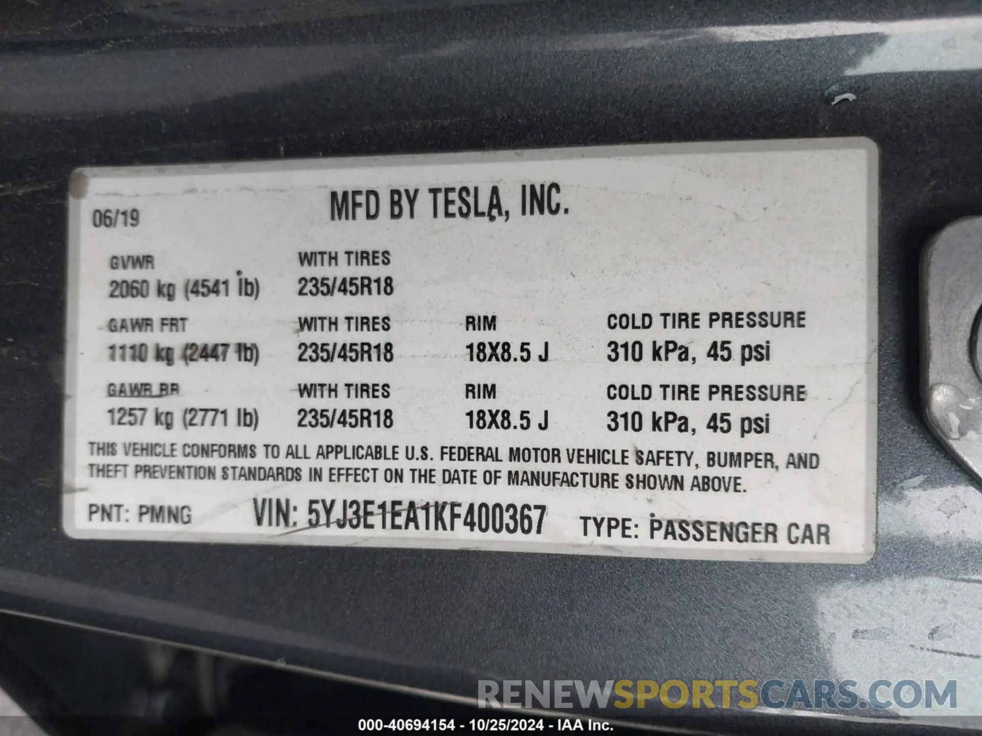 9 Photograph of a damaged car 5YJ3E1EA1KF400367 TESLA MODEL 3 2019