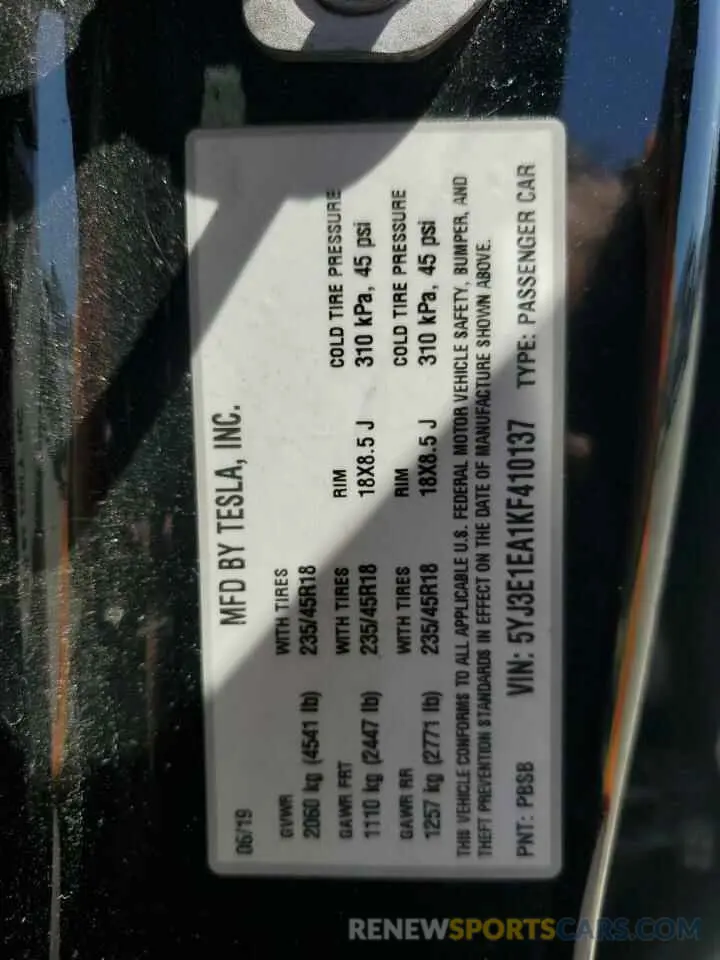12 Фотография поврежденного автомобиля 5YJ3E1EA1KF410137 TESLA MODEL 3 2019