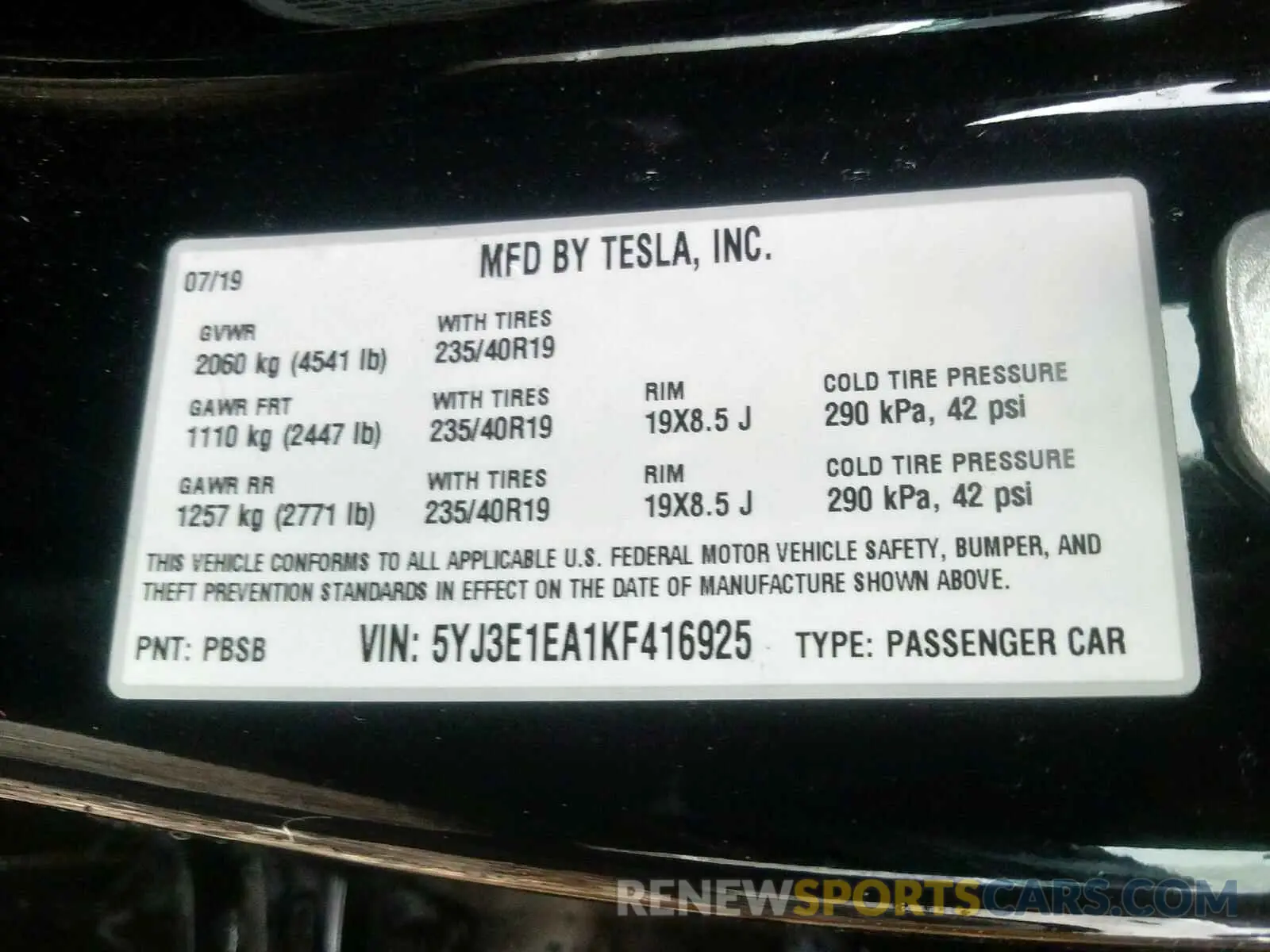 10 Фотография поврежденного автомобиля 5YJ3E1EA1KF416925 TESLA MODEL 3 2019