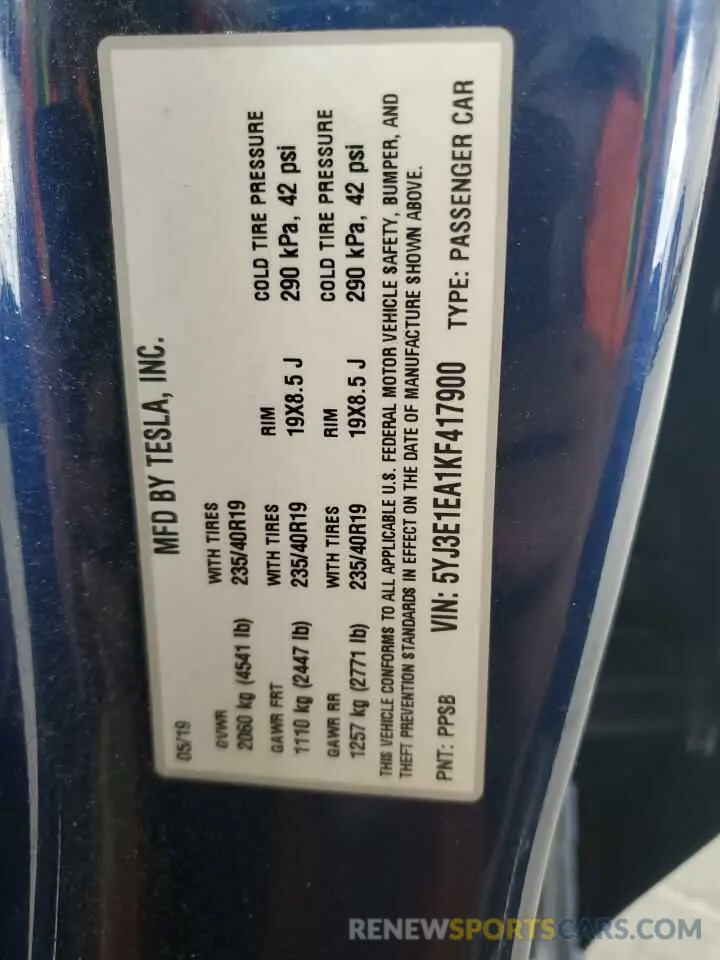 12 Фотография поврежденного автомобиля 5YJ3E1EA1KF417900 TESLA MODEL 3 2019