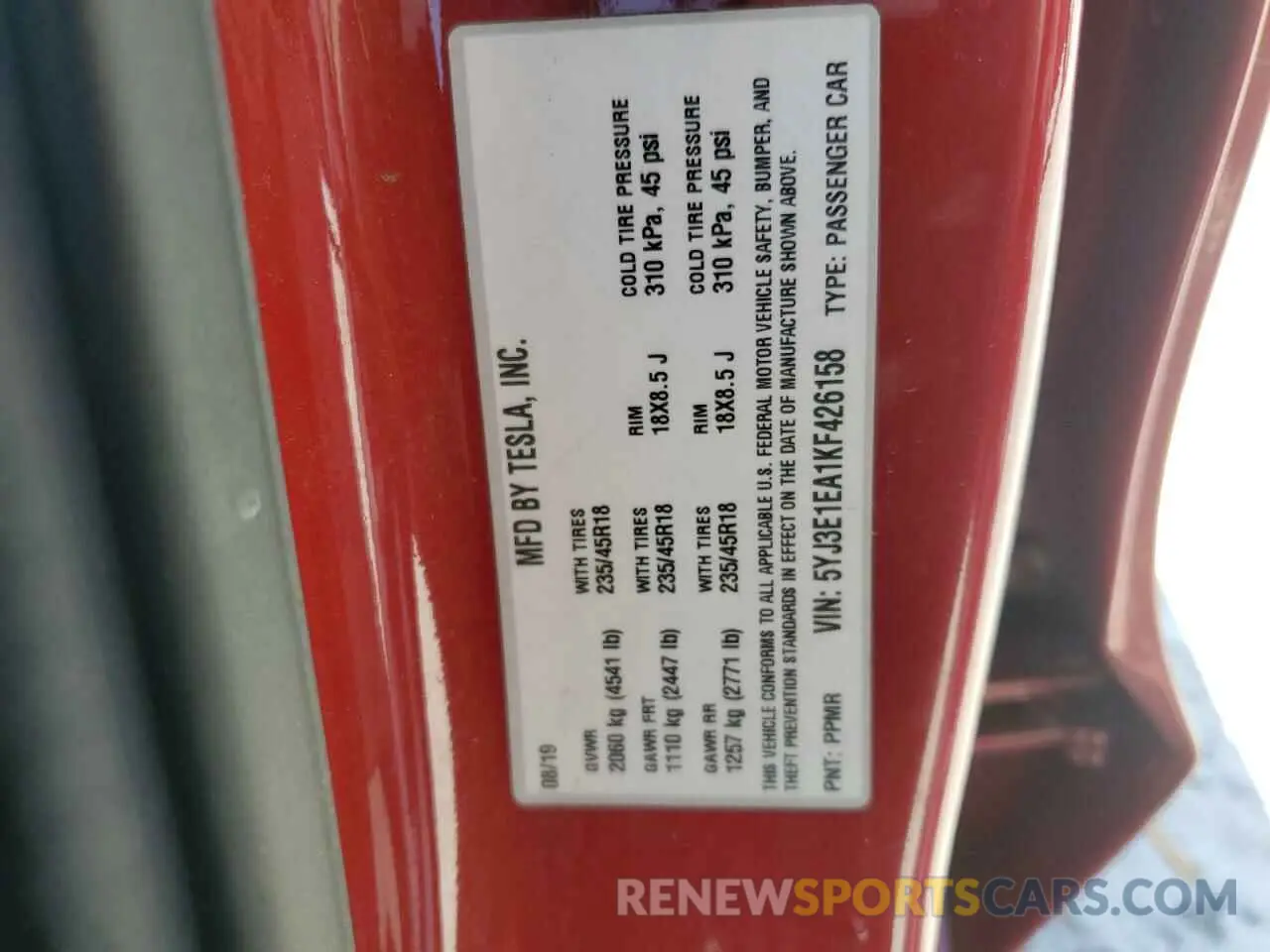 12 Photograph of a damaged car 5YJ3E1EA1KF426158 TESLA MODEL 3 2019
