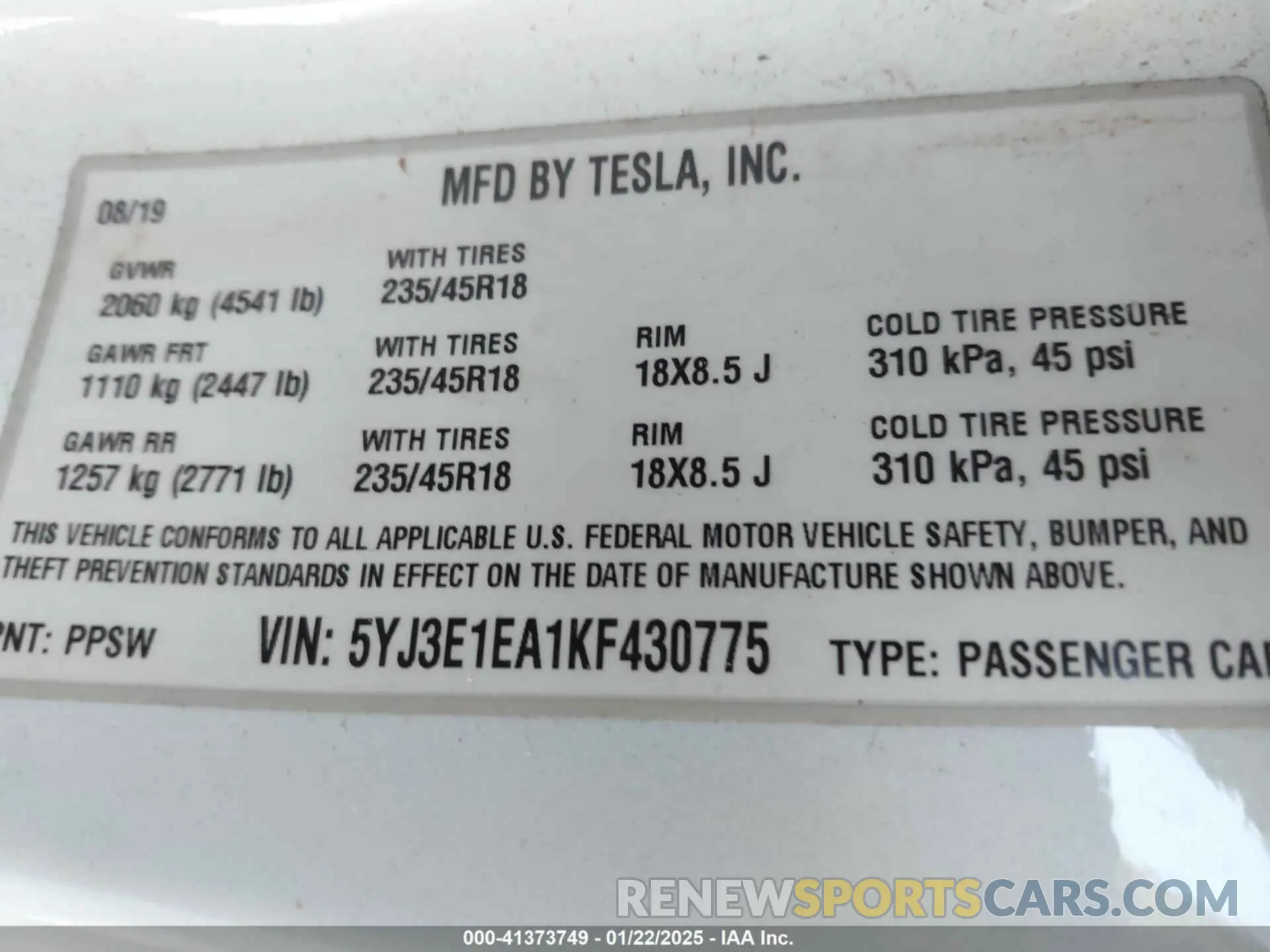 9 Photograph of a damaged car 5YJ3E1EA1KF430775 TESLA MODEL 3 2019