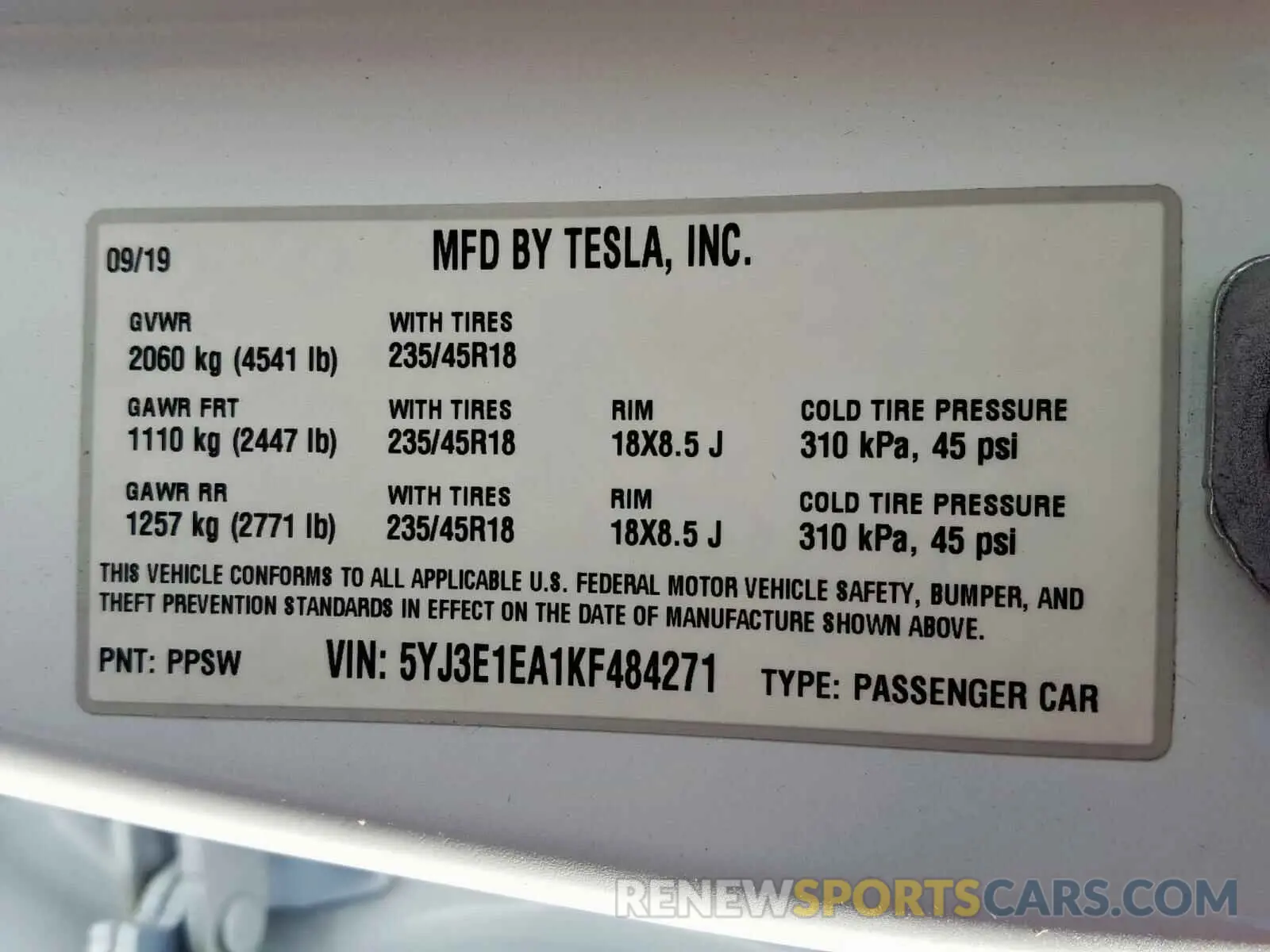 10 Photograph of a damaged car 5YJ3E1EA1KF484271 TESLA MODEL 3 2019