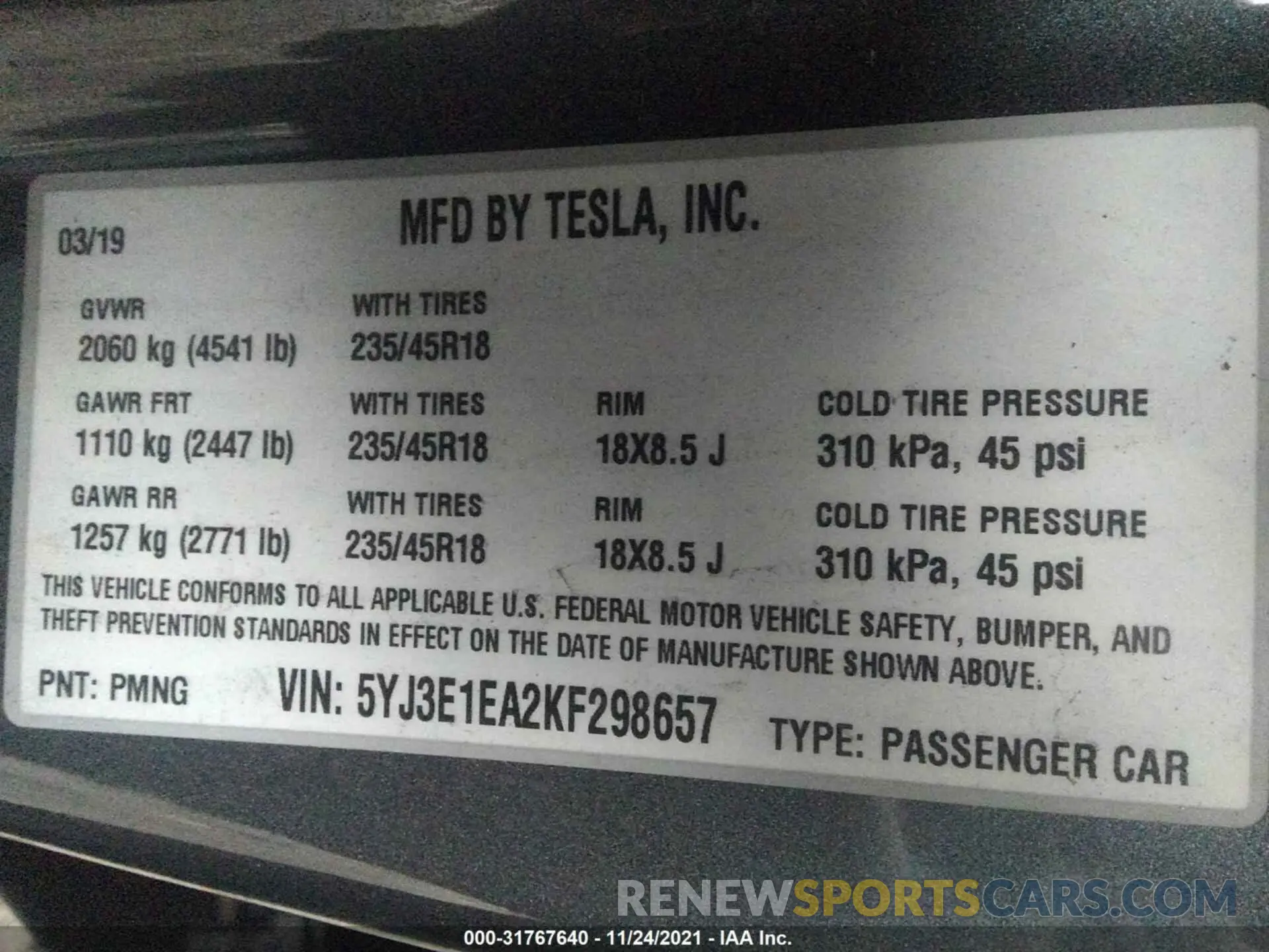 9 Photograph of a damaged car 5YJ3E1EA2KF298657 TESLA MODEL 3 2019