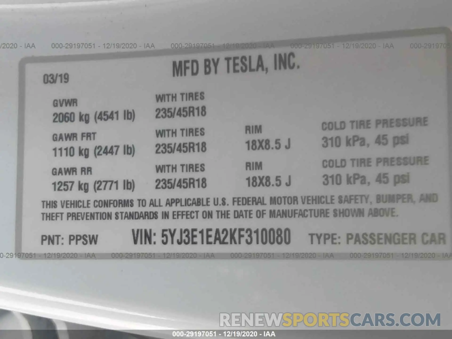 9 Photograph of a damaged car 5YJ3E1EA2KF310080 TESLA MODEL 3 2019