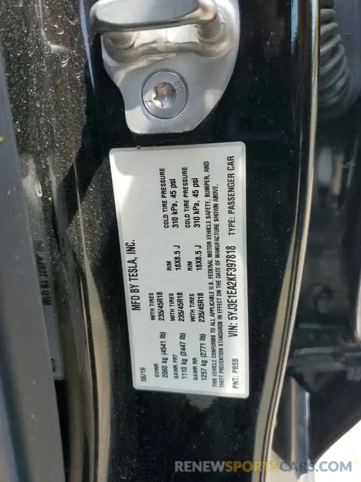 13 Photograph of a damaged car 5YJ3E1EA2KF397818 TESLA MODEL 3 2019
