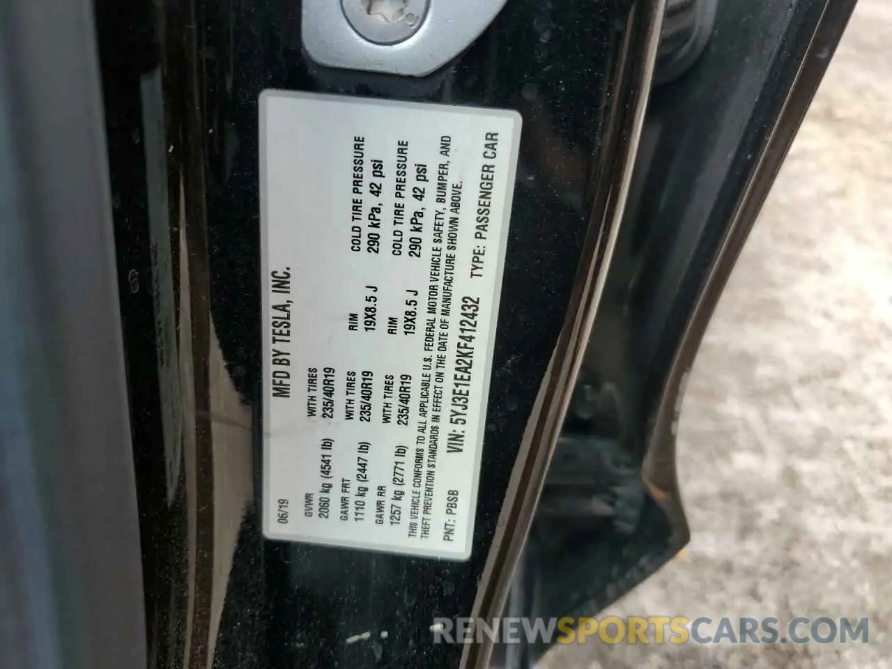 12 Фотография поврежденного автомобиля 5YJ3E1EA2KF412432 TESLA MODEL 3 2019