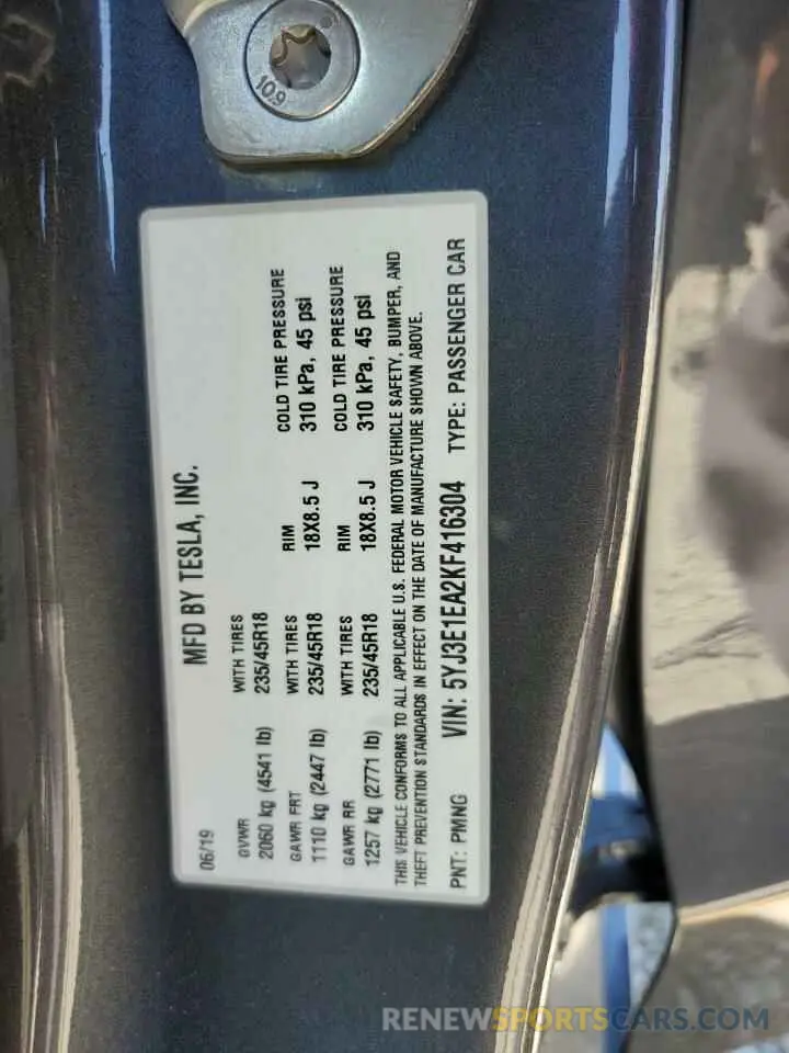 14 Photograph of a damaged car 5YJ3E1EA2KF416304 TESLA MODEL 3 2019