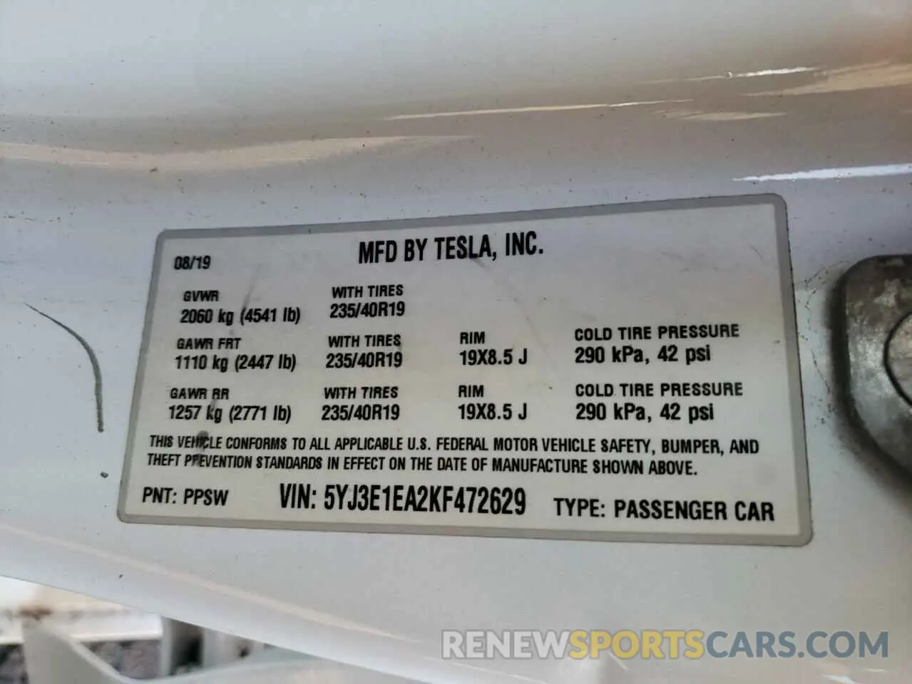 10 Photograph of a damaged car 5YJ3E1EA2KF472629 TESLA MODEL 3 2019
