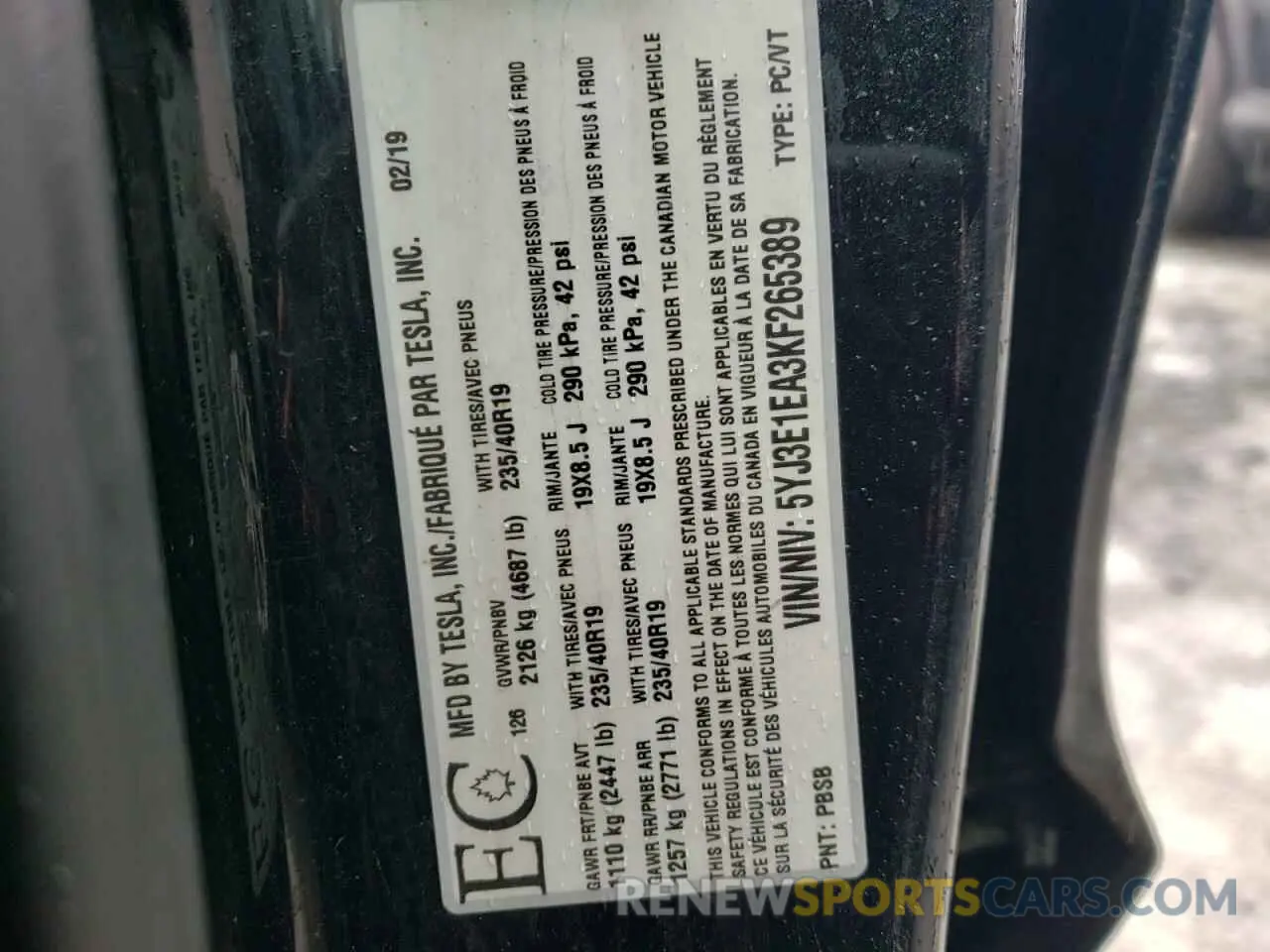 12 Фотография поврежденного автомобиля 5YJ3E1EA3KF265389 TESLA MODEL 3 2019