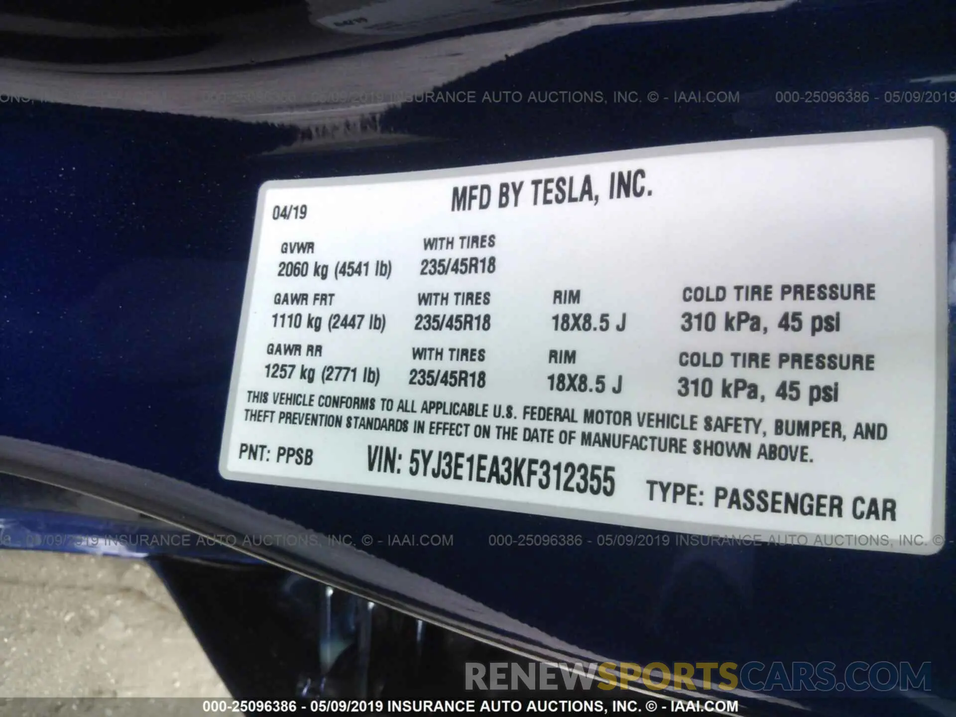 9 Photograph of a damaged car 5YJ3E1EA3KF312355 TESLA MODEL 3 2019