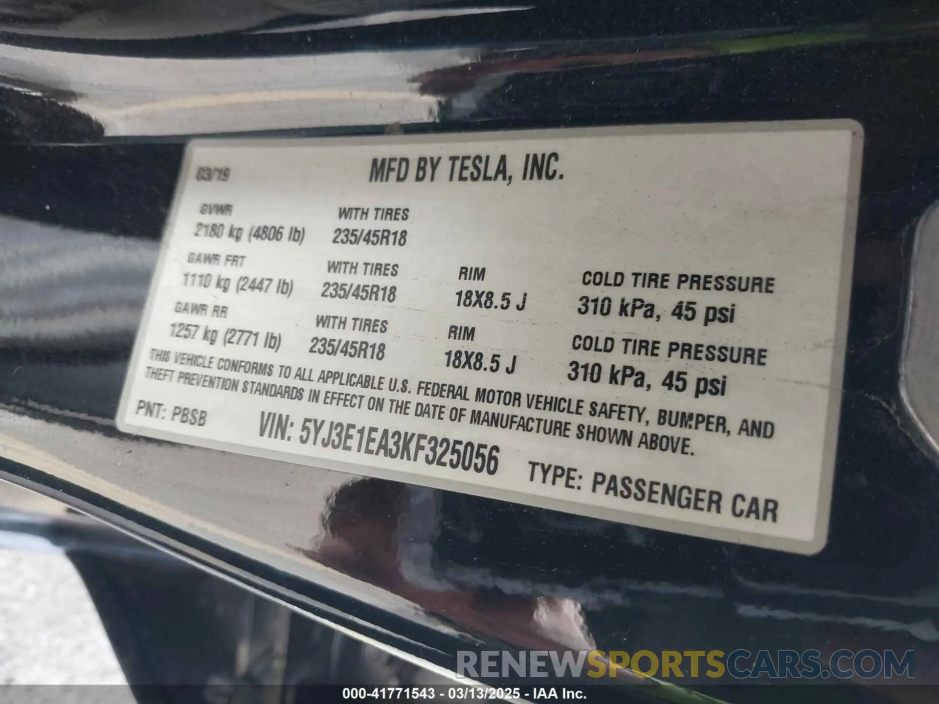 9 Фотография поврежденного автомобиля 5YJ3E1EA3KF325056 TESLA MODEL 3 2019