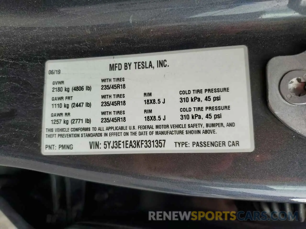12 Photograph of a damaged car 5YJ3E1EA3KF331357 TESLA MODEL 3 2019